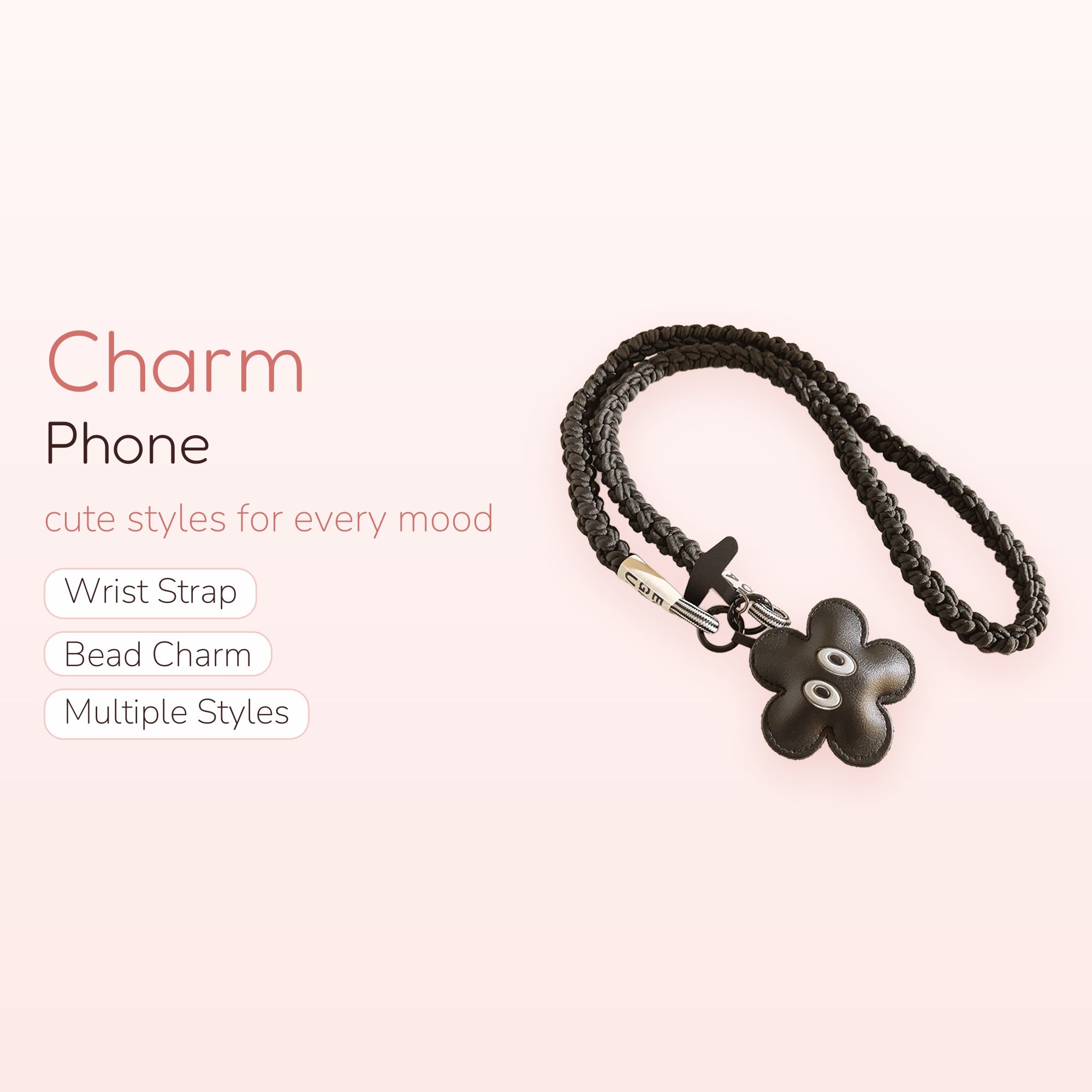 Black Braided Lanyard Phone Charm | Cute Flower Pendant Strap