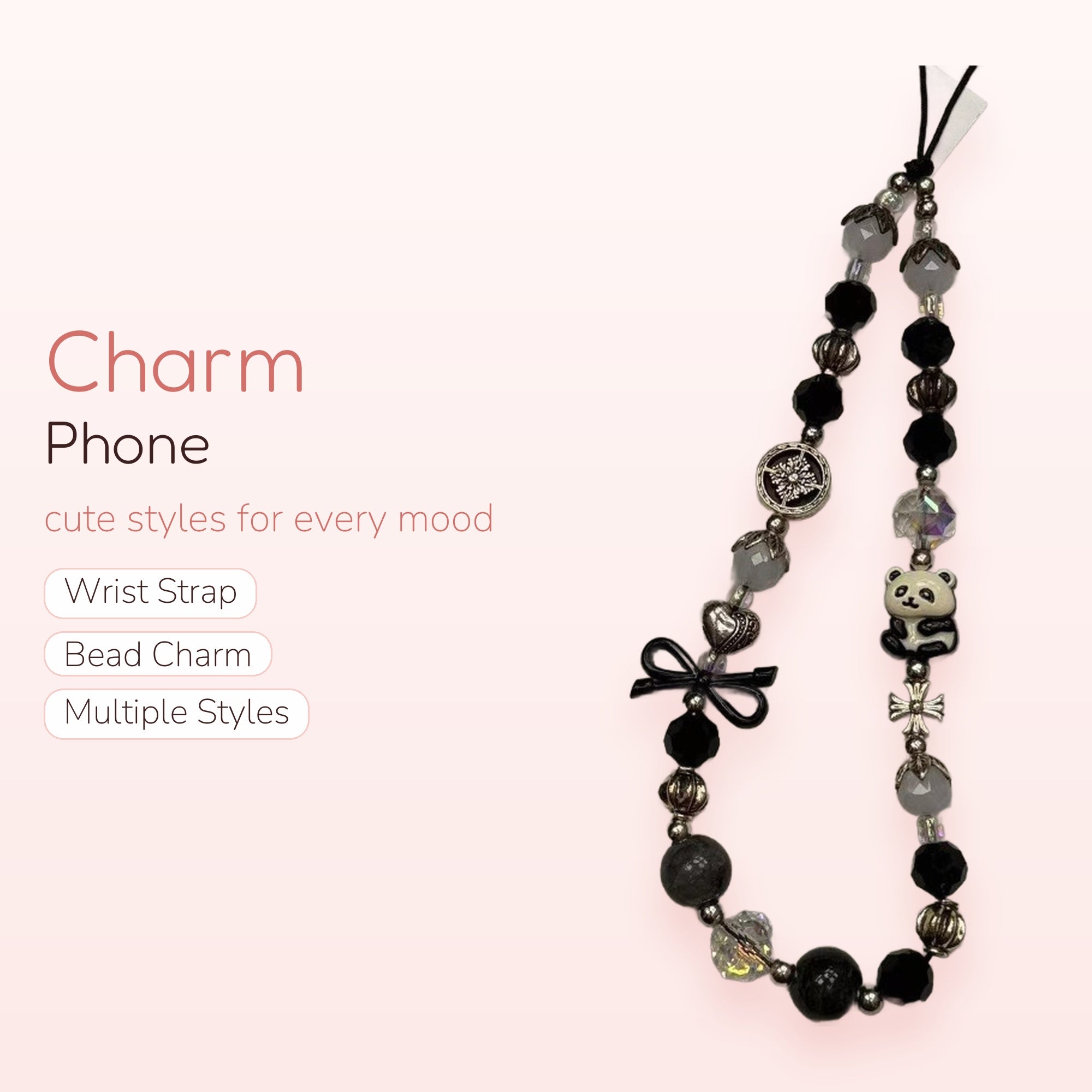 Black & White Beaded Panda Phone Charm | Aesthetic Snowflake & Bow Wrist Strap