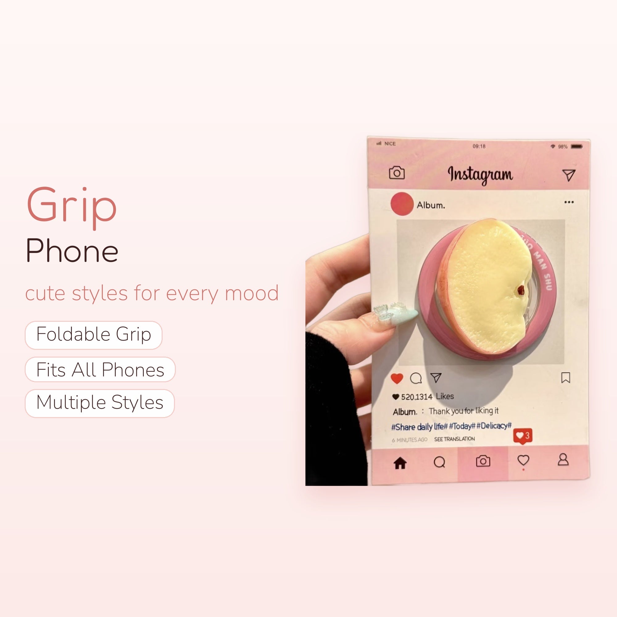 Instagram Post Peach Phone Grip | Aesthetic Fruit Pop Socket Stand