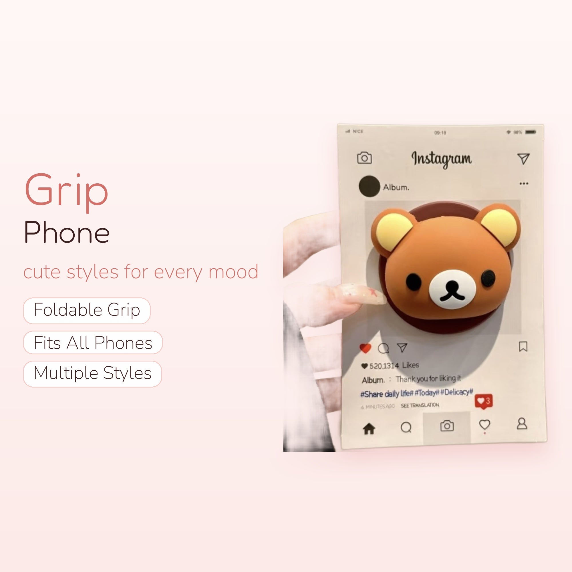 Cute Brown Bear Head Phone Grip | Kawaii Rilakkuma-style Pop Socket Stand