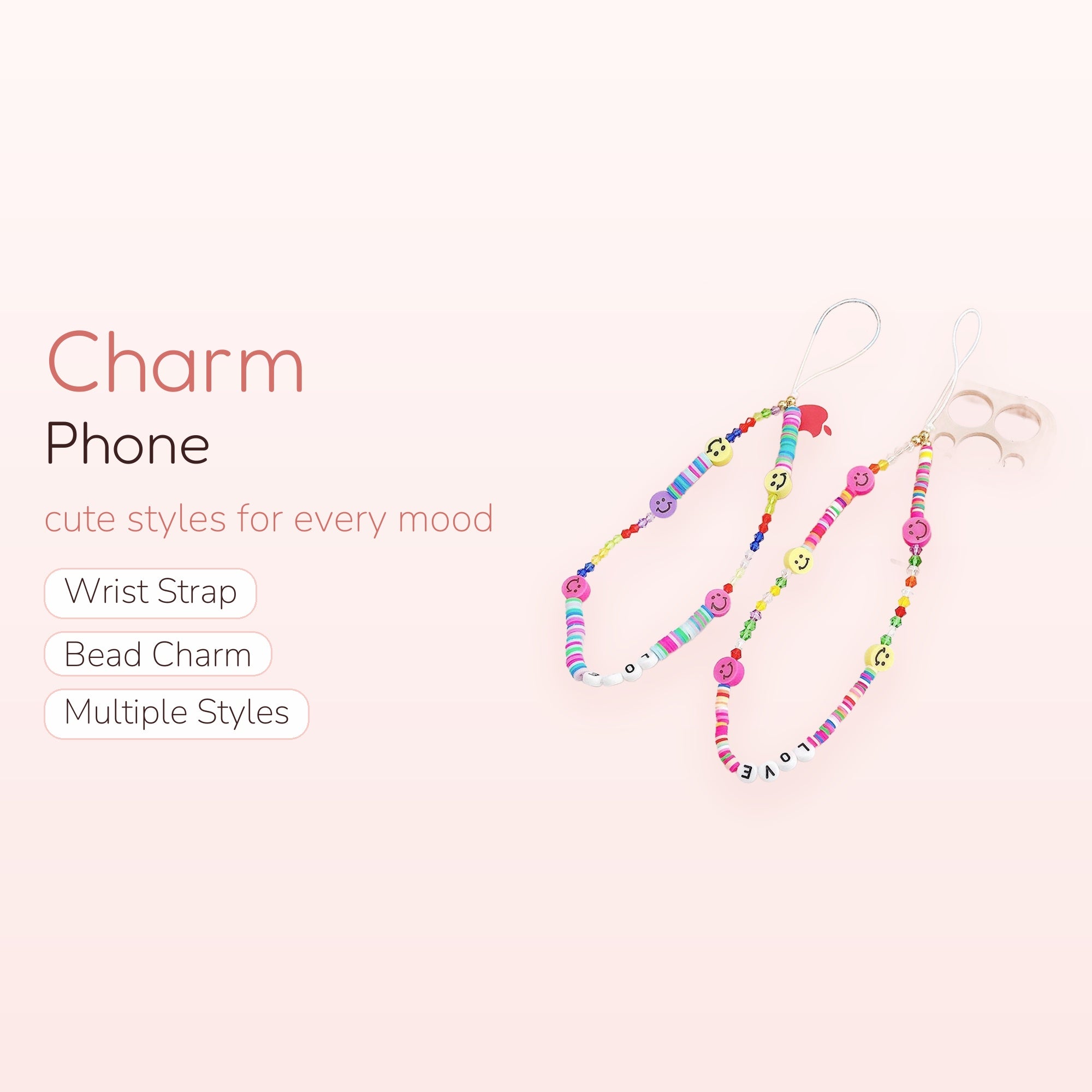 Colorful Smiley Face Beaded Phone Charm | Y2K Rainbow Clay Bead Wrist Strap