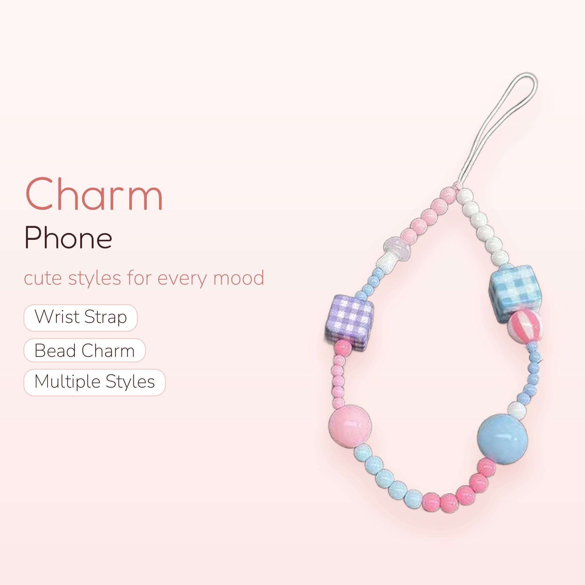 Pastel Beaded Phone Charm Strap | Cute Gingham Cube Wrist Lanyard