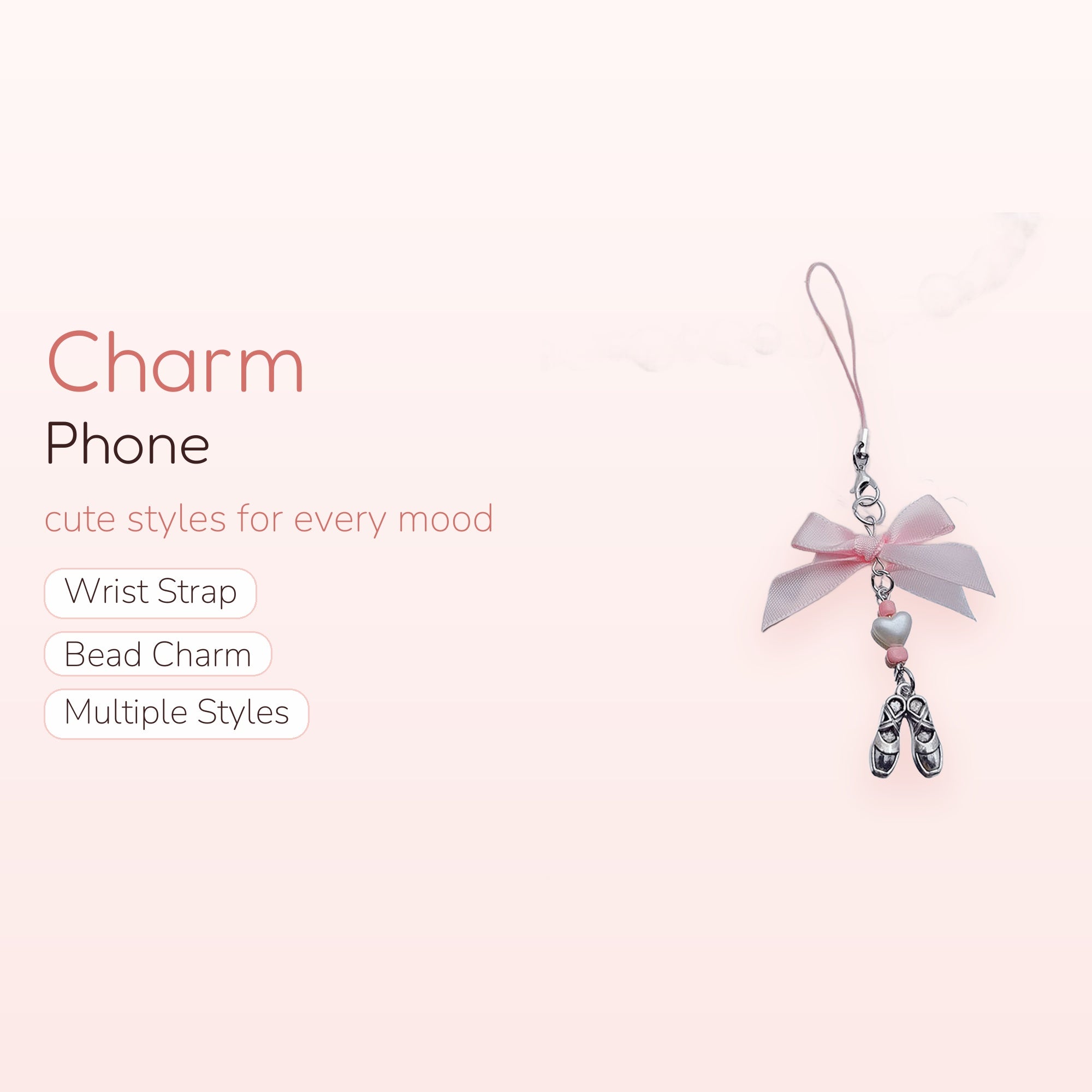 Cute Ballet Slipper Phone Charm | Pink Ribbon & Heart Beaded Strap