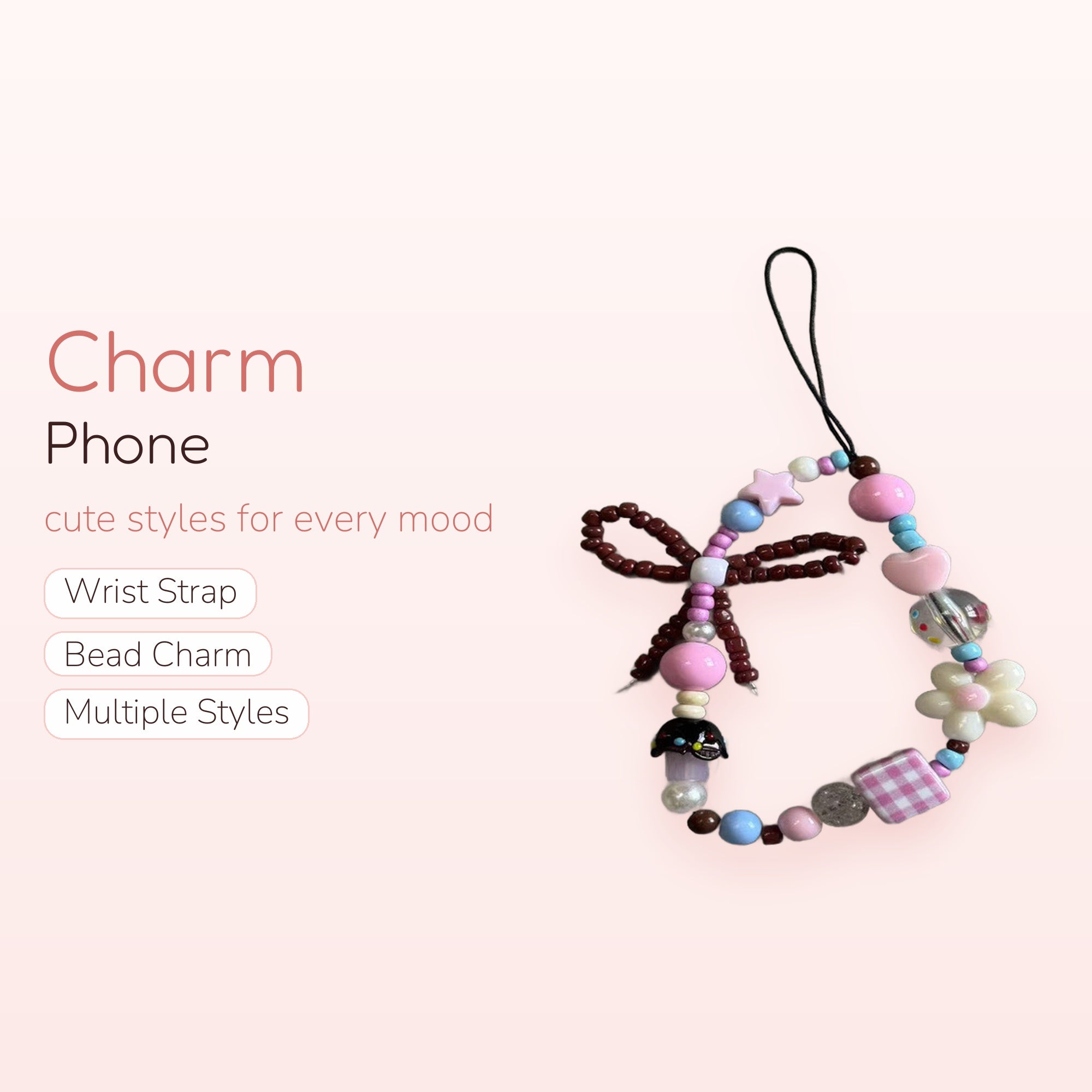 Pastel Beaded Phone Charm Strap | Kawaii Bow & Flower Wrist Lanyard