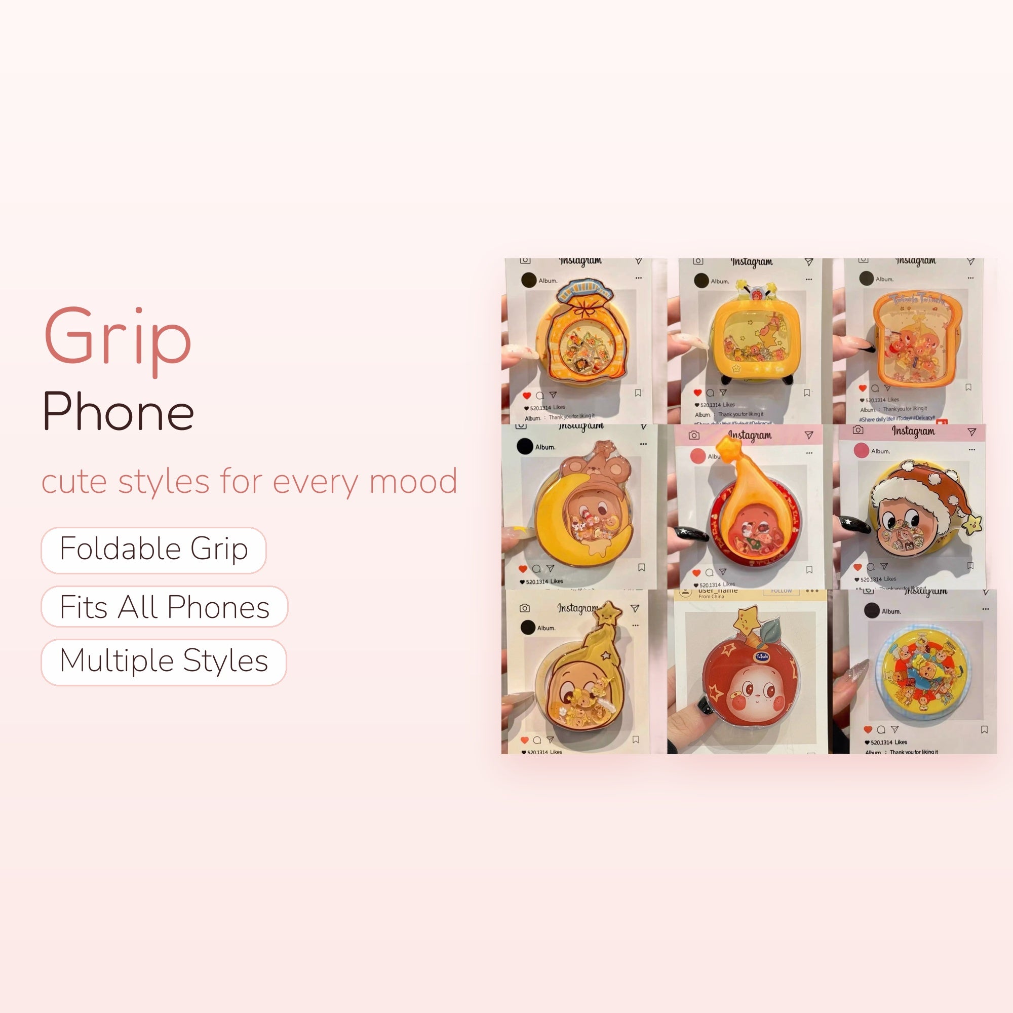 Kawaii Cartoon Character Shaker Phone Grip | Cute Liquid Glitter Pop Socket Stand