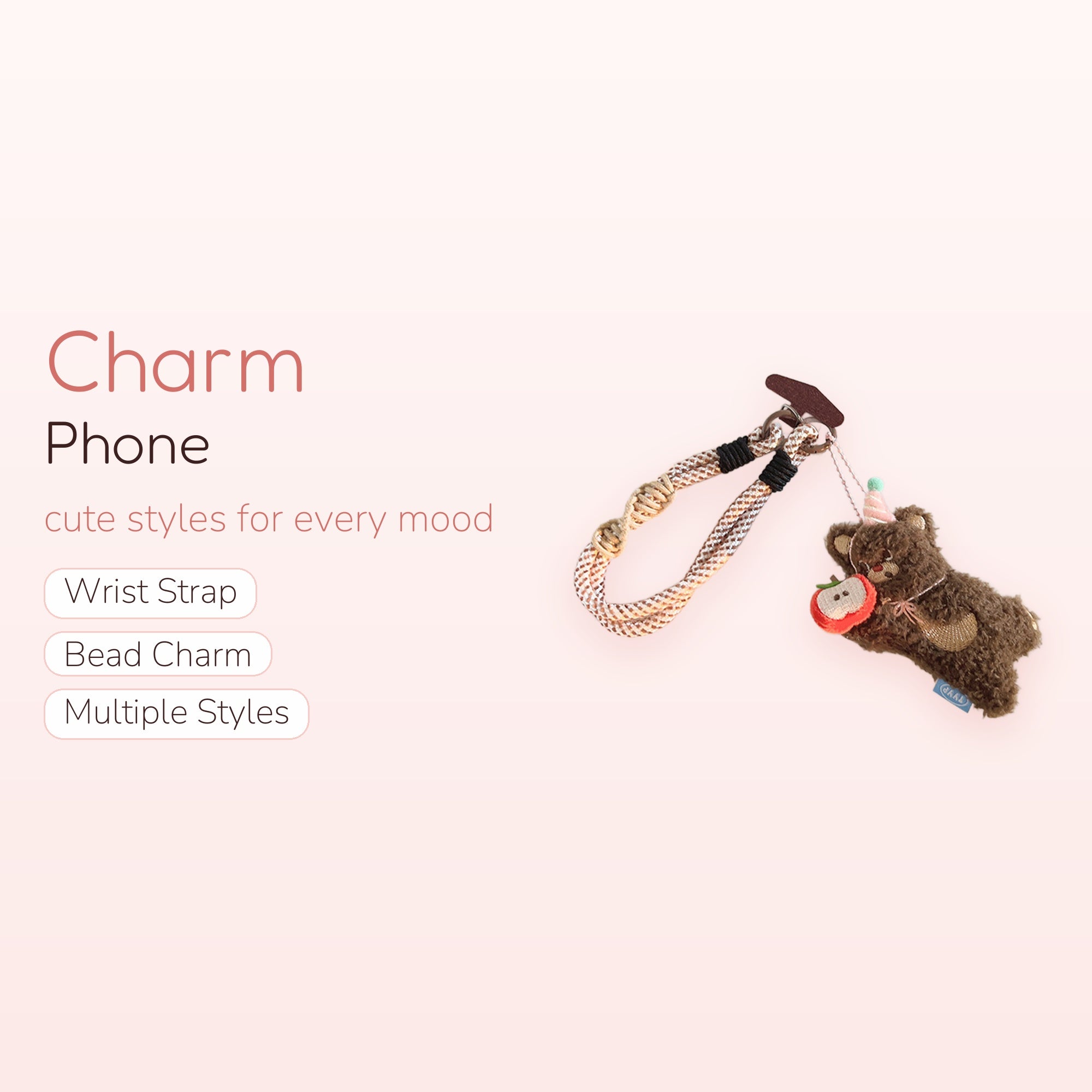 Kawaii Brown Bear & Apple Phone Charm Strap | Cute Braided Wrist Lanyard