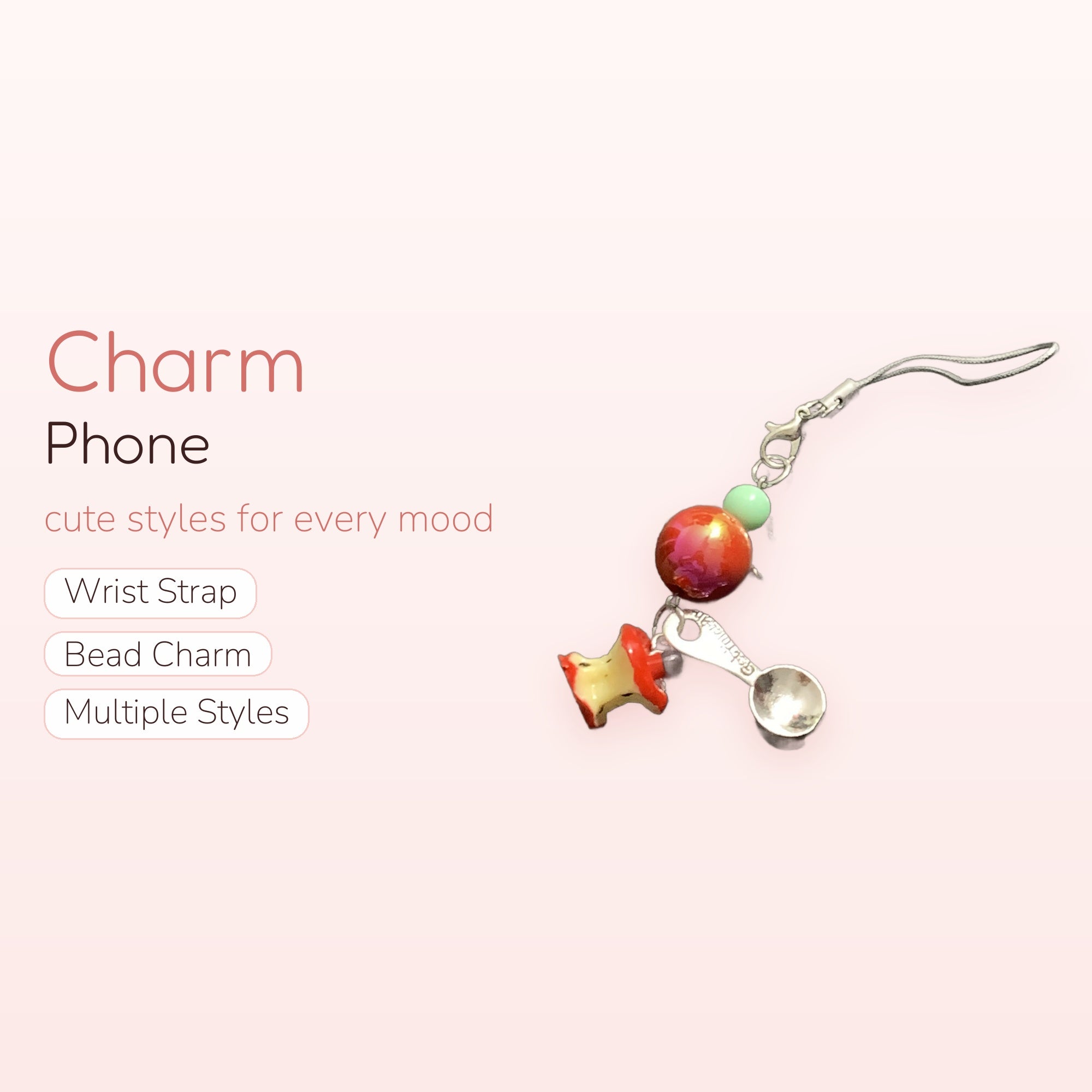 Cute Apple Core & Spoon Phone Charm | Aesthetic Red Beaded Strap