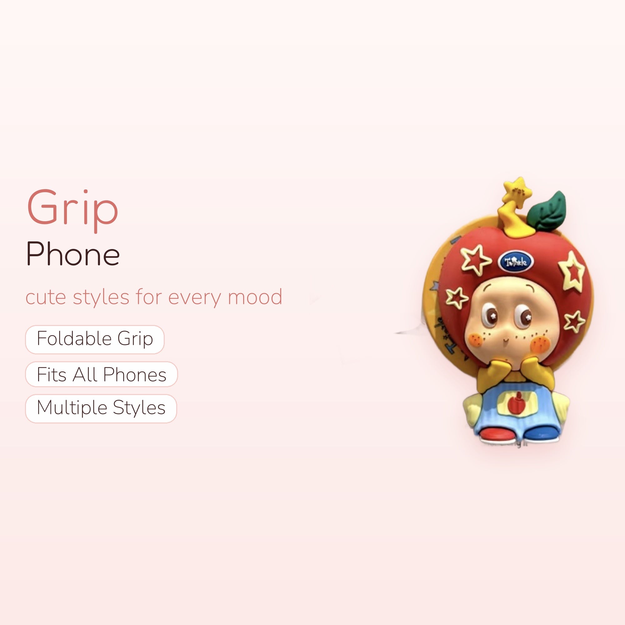 Cute Apple Character Phone Grip | Kawaii Red Fruit Pop Socket Stand