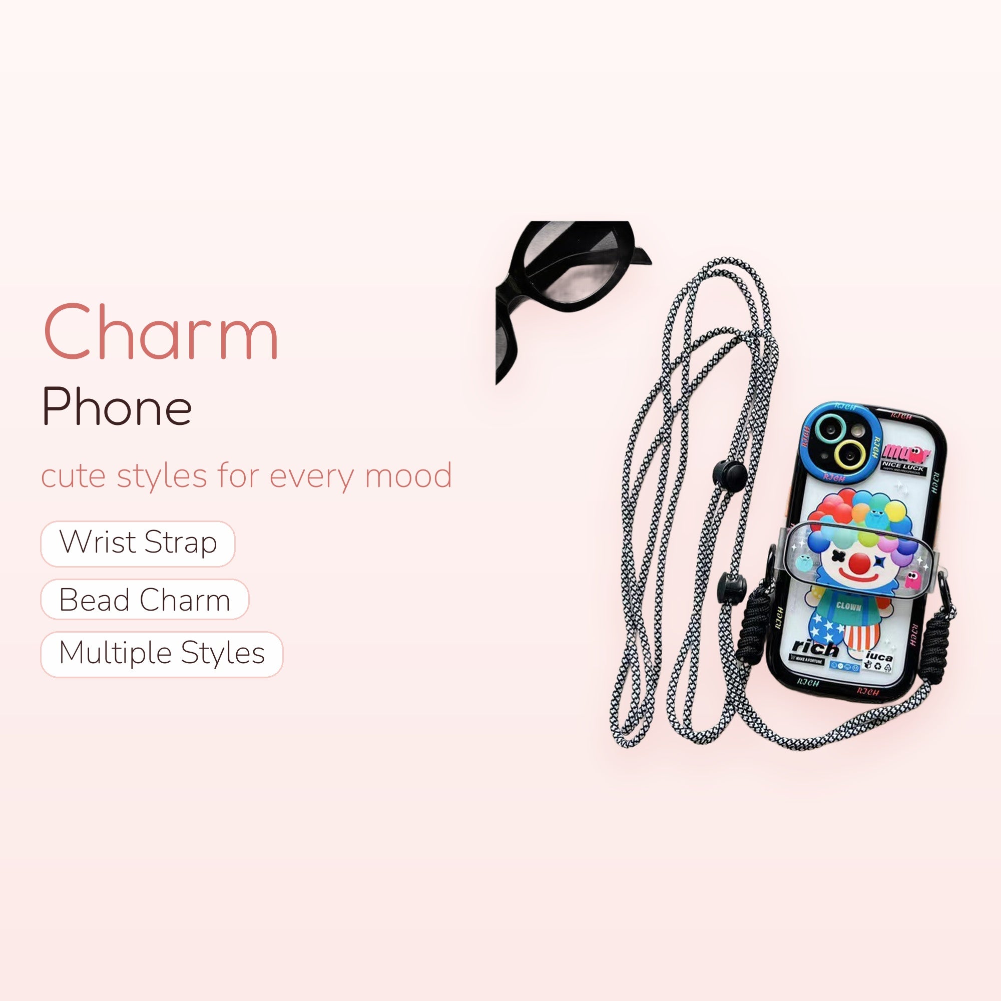 Cute Clown Phone Charm Lanyard | Aesthetic Black & White Crossbody Strap