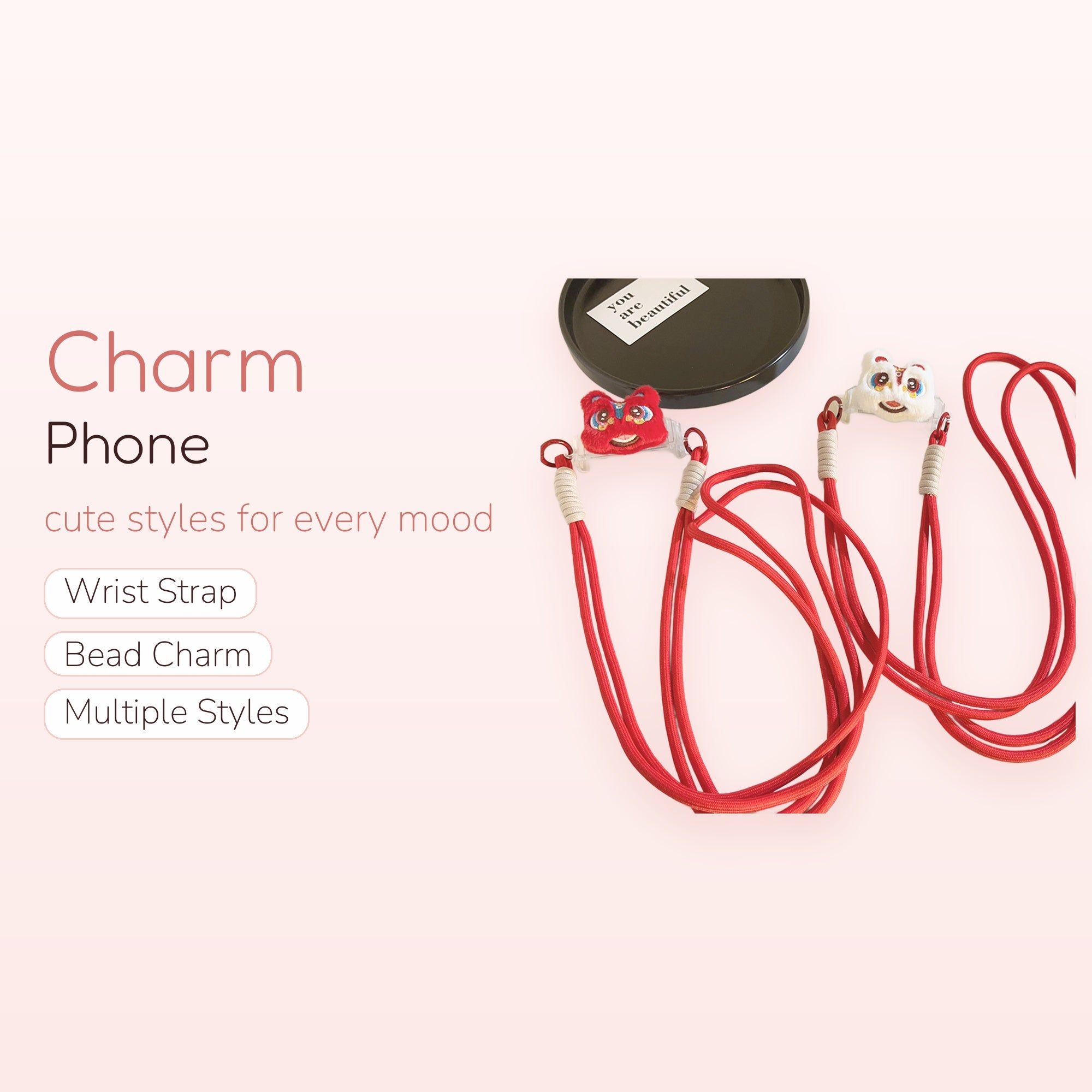 Cute Lion Dance Phone Charm Lanyard | Red & White Plush Wrist Strap