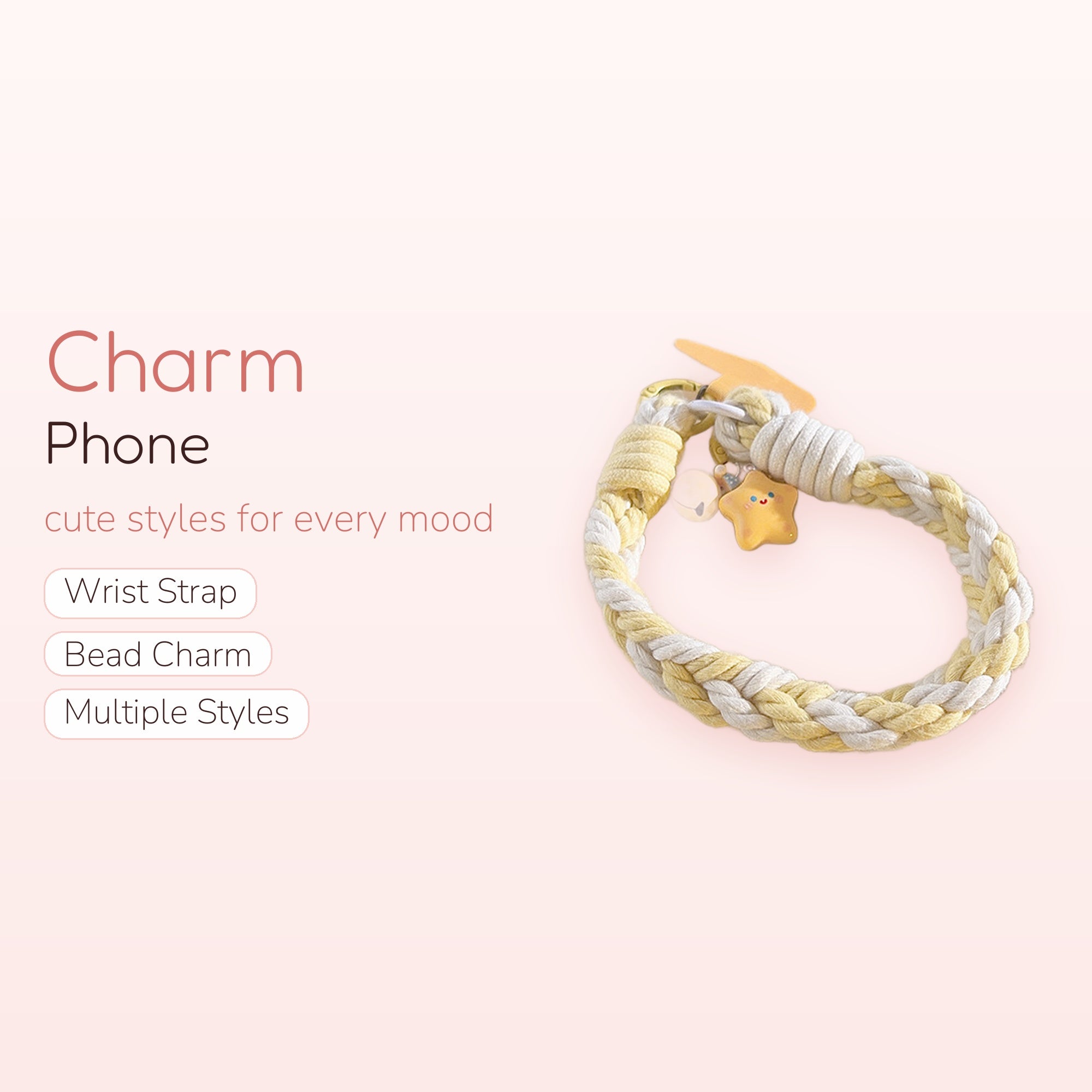 Cute Braided Yellow & White Phone Charm | Kawaii Star & Bell Wrist Strap