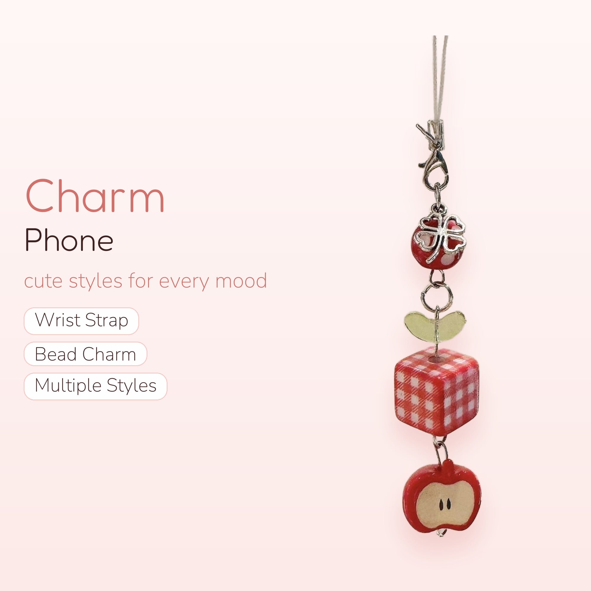 Cute Red Gingham & Apple Phone Charm | Kawaii Fruit & Clover Lanyard