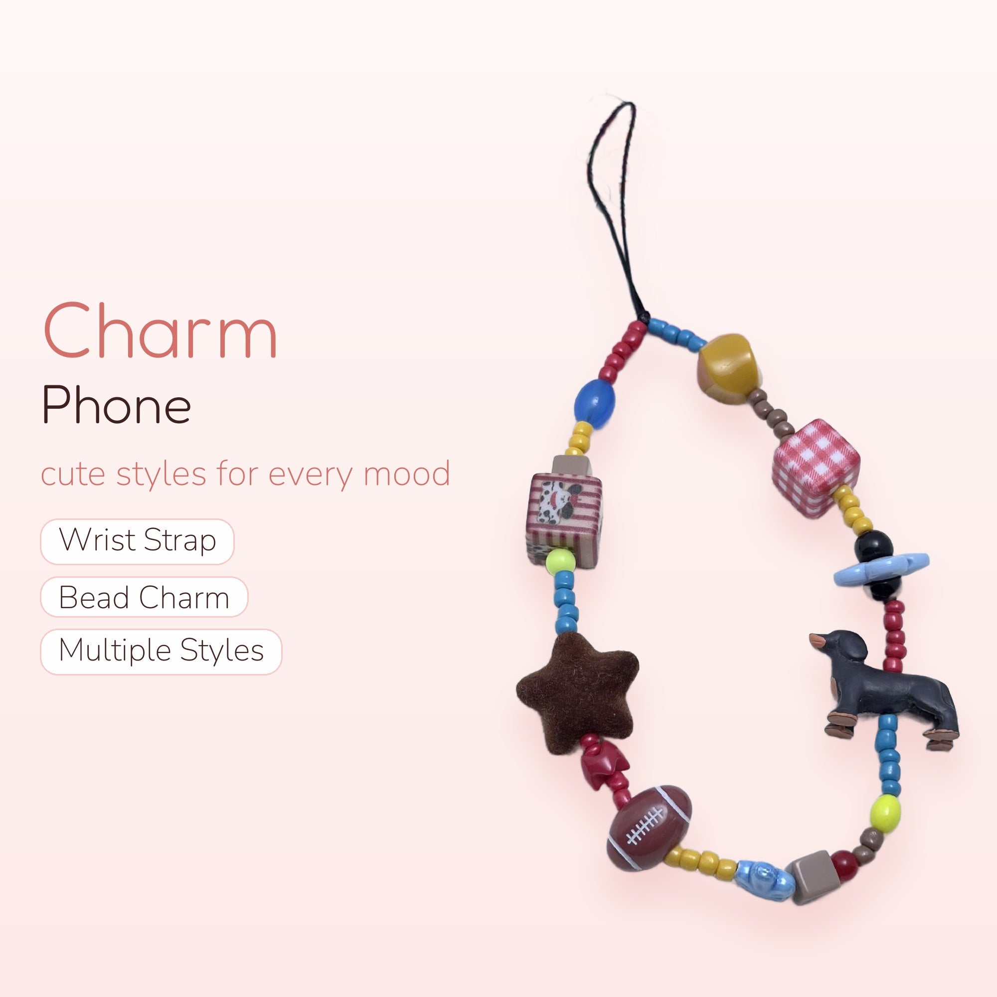 Cute Assorted Bead Phone Charm Strap | Kawaii Dog Star Football Wrist Lanyard