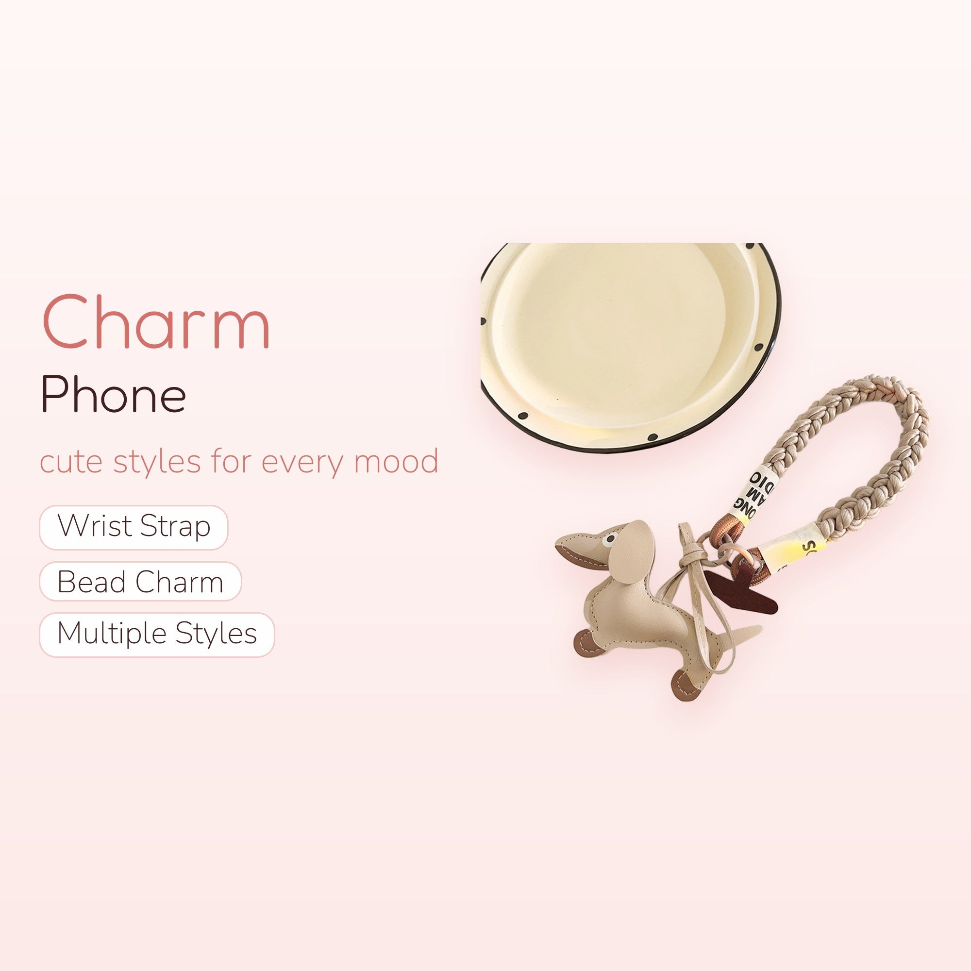 Cute Beige Leather Dachshund Phone Charm | Braided Wrist Strap Keychain