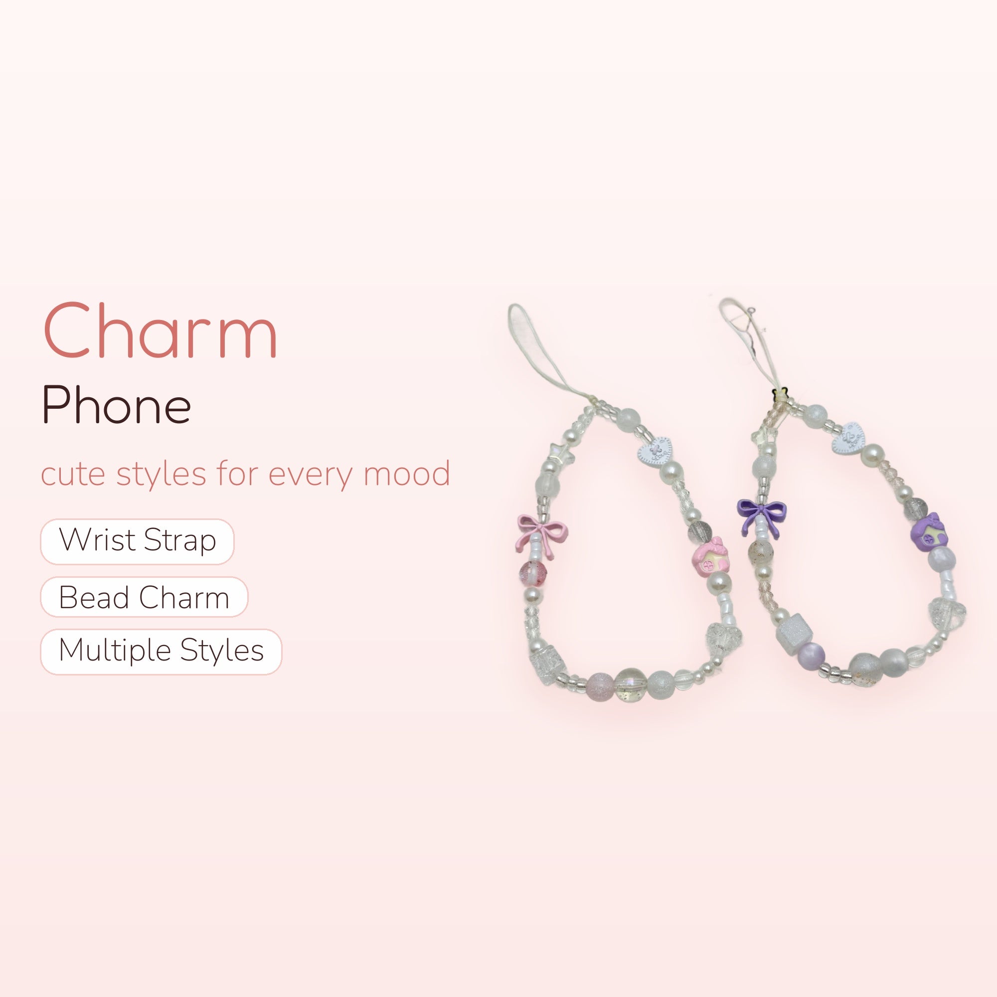 Kawaii Pastel Beaded Phone Charm Strap | Cute Bow & House Wrist Lanyard
