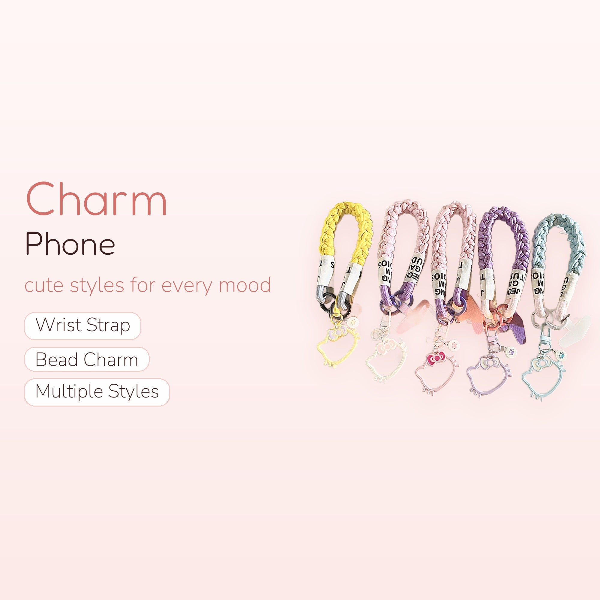 Braided Hello Kitty Phone Charm Strap | Pastel Wrist Lanyard with Cartoon Pendant