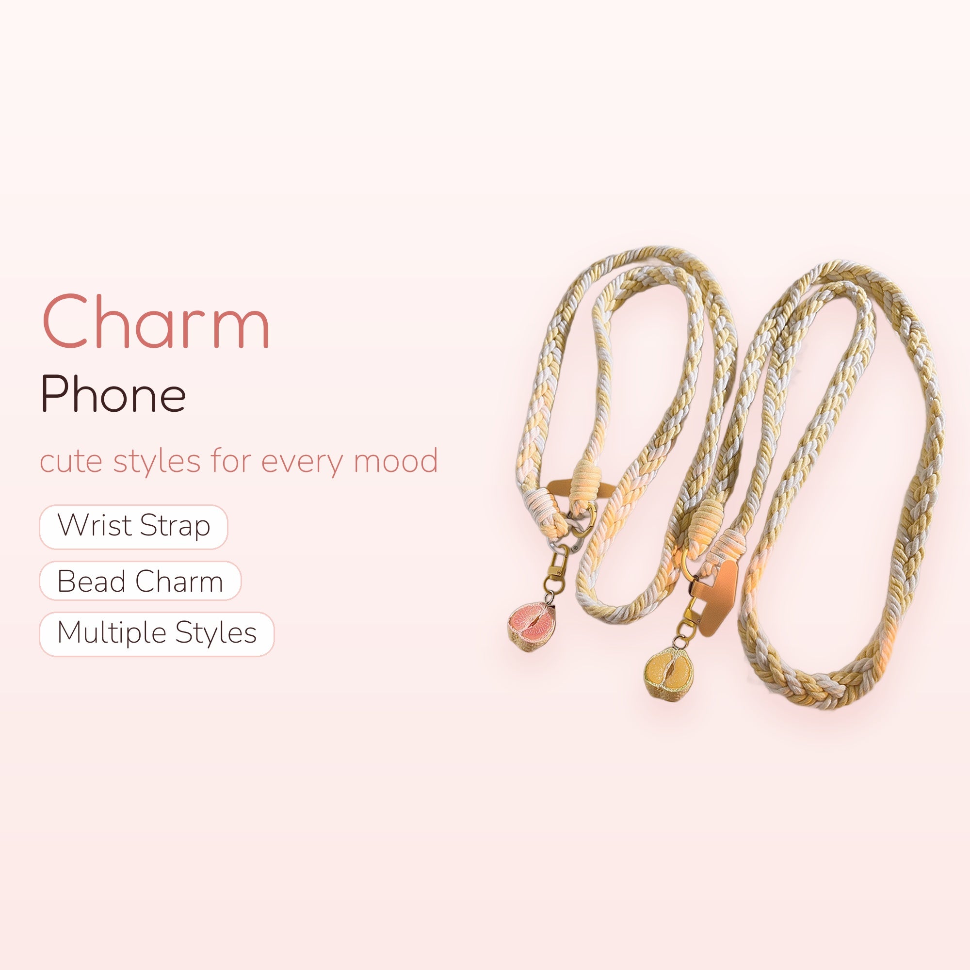 Braided Yellow & White Phone Lanyard | Cute Fruit Charm Crossbody Strap