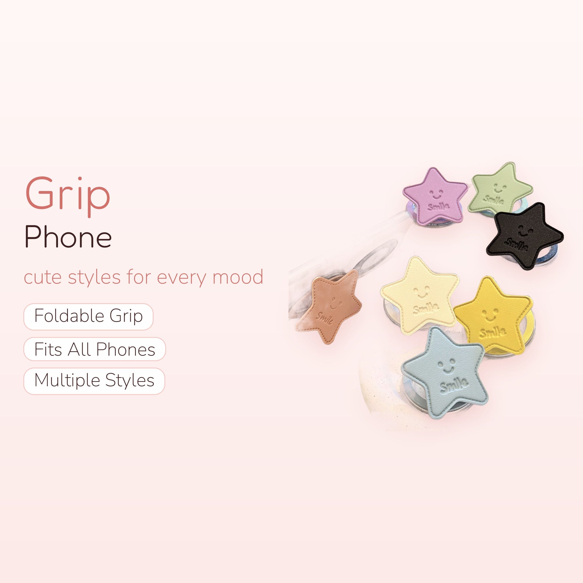 Kawaii Star Smile Phone Grip | Pastel Faux Leather Pop Socket Stand