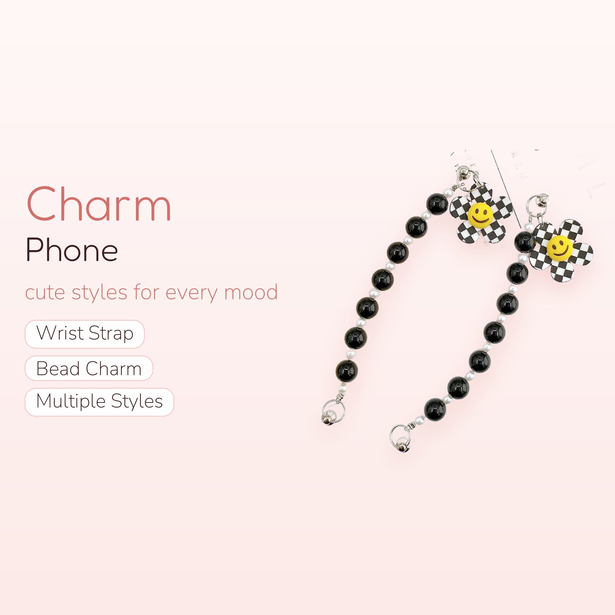 Y2K Checkered Flower Phone Charm | Black & White Beaded Wrist Strap