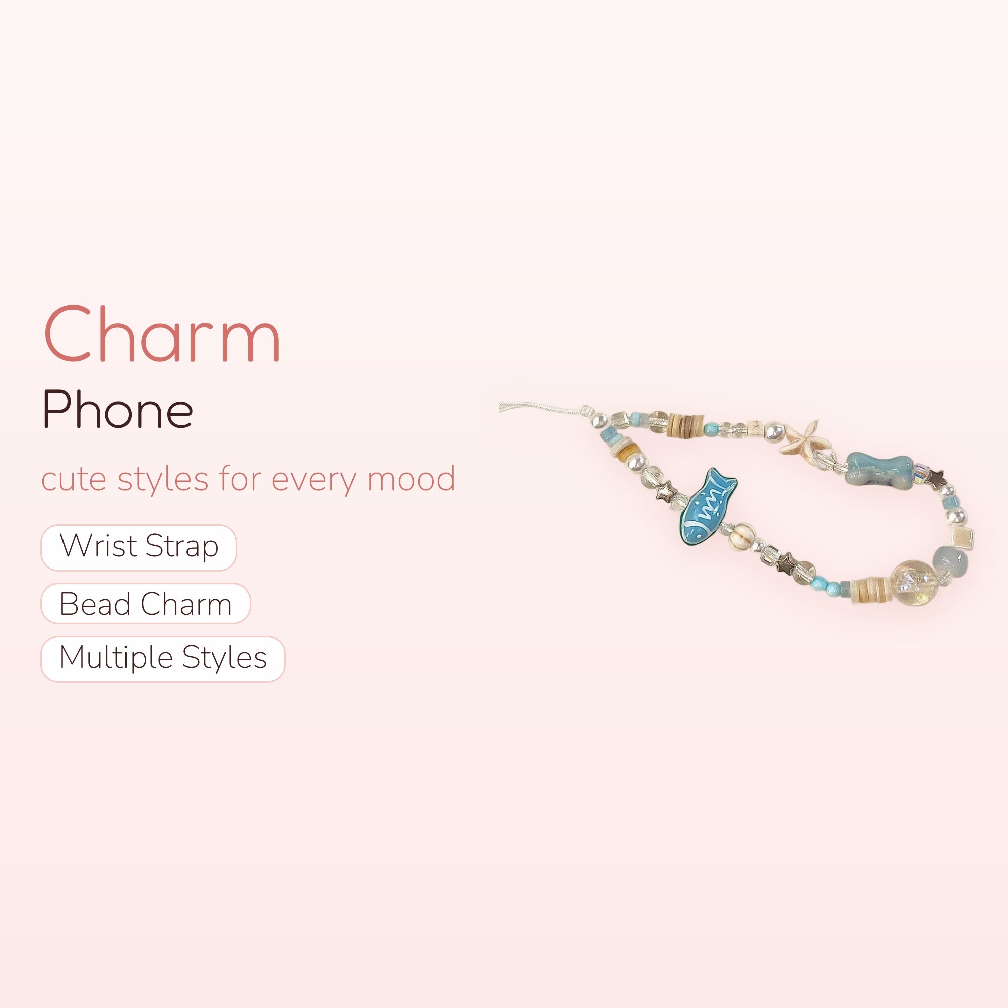 Cute Ocean Theme Beaded Phone Charm | Blue Fish & Starfish Wrist Strap