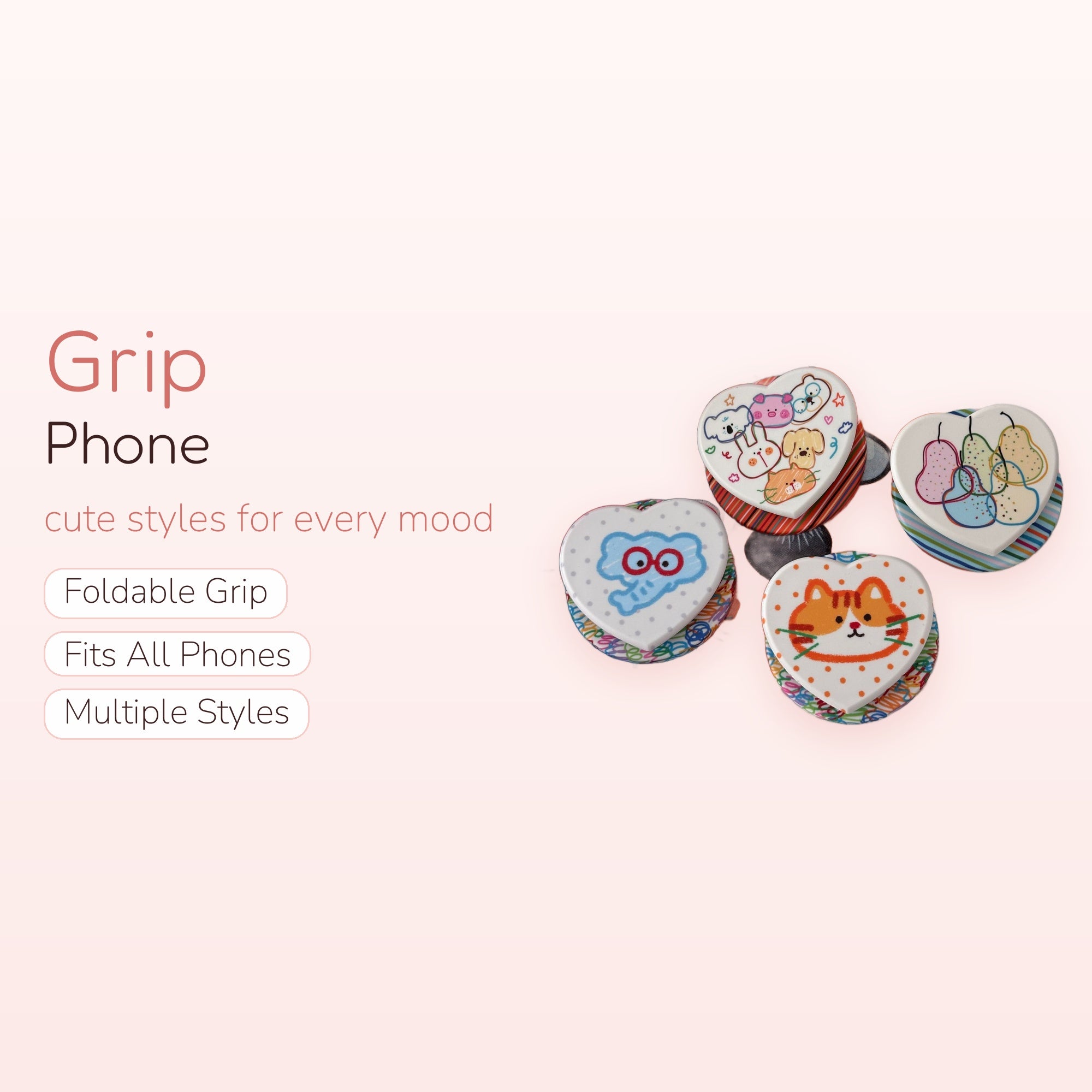 Kawaii Heart Animal & Fruit Phone Grips | Cute Pop Socket Stand for Phones