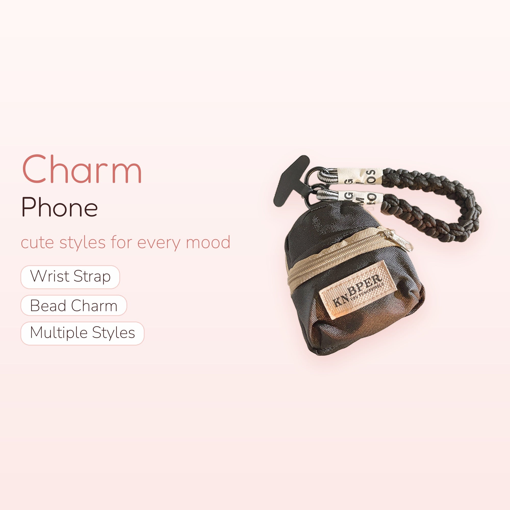 Mini Backpack Keychain Phone Charm | Black & Beige Wrist Strap Lanyard