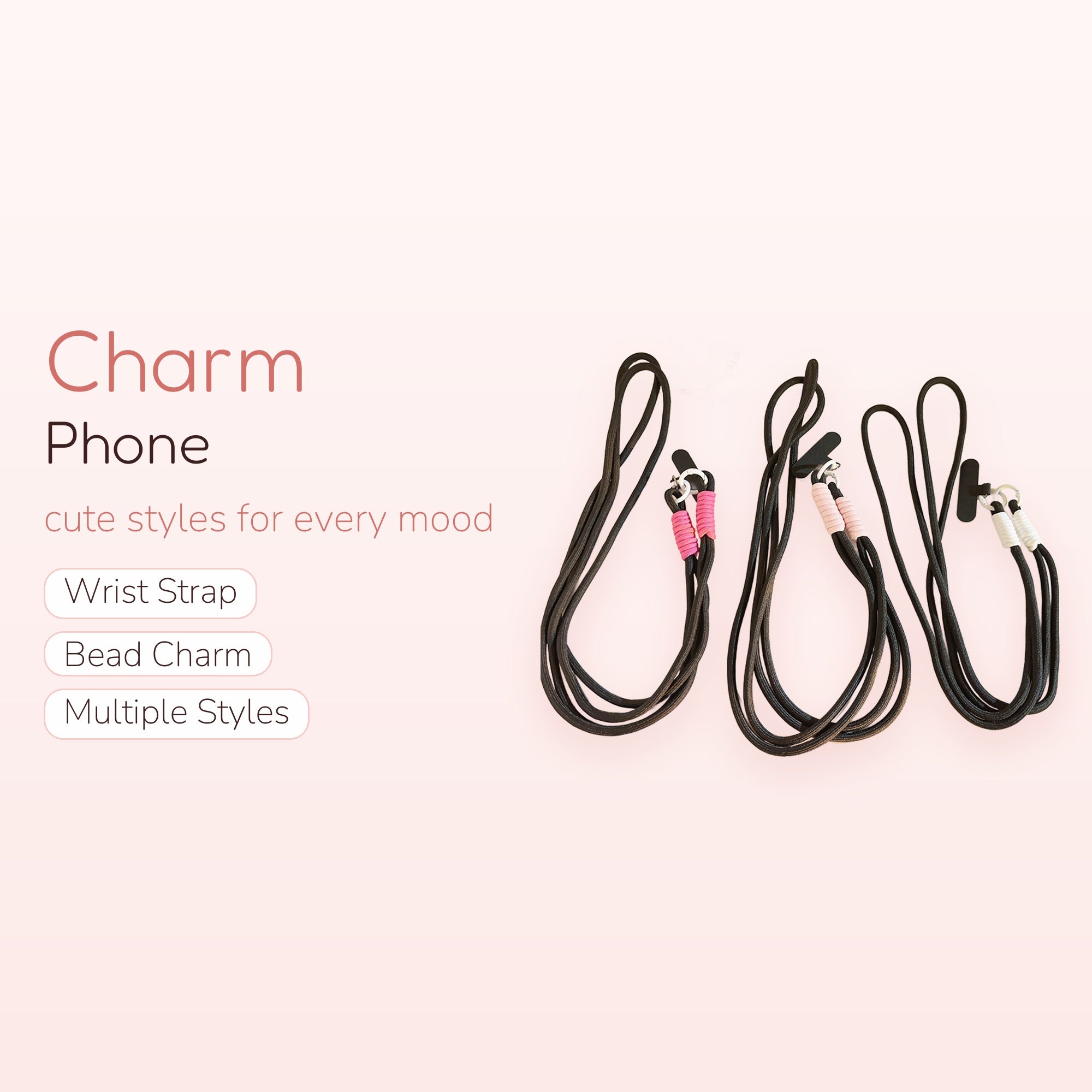 Adjustable Black Rope Phone Charm Lanyard | Cute Wrist Strap with Color Accents