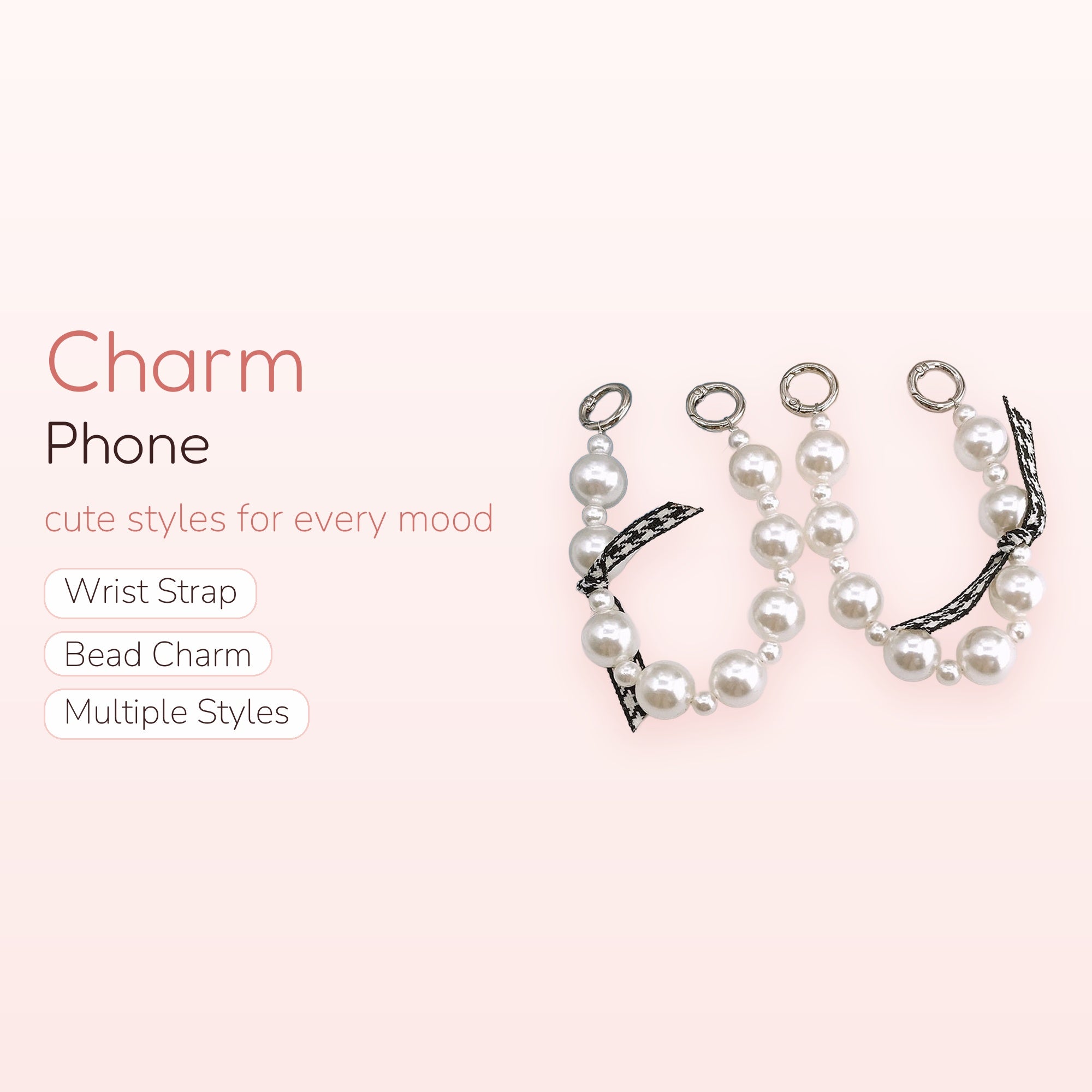 Chic Pearl Beaded Phone Charm Strap | Elegant Black & White Ribbon Wrist Lanyard