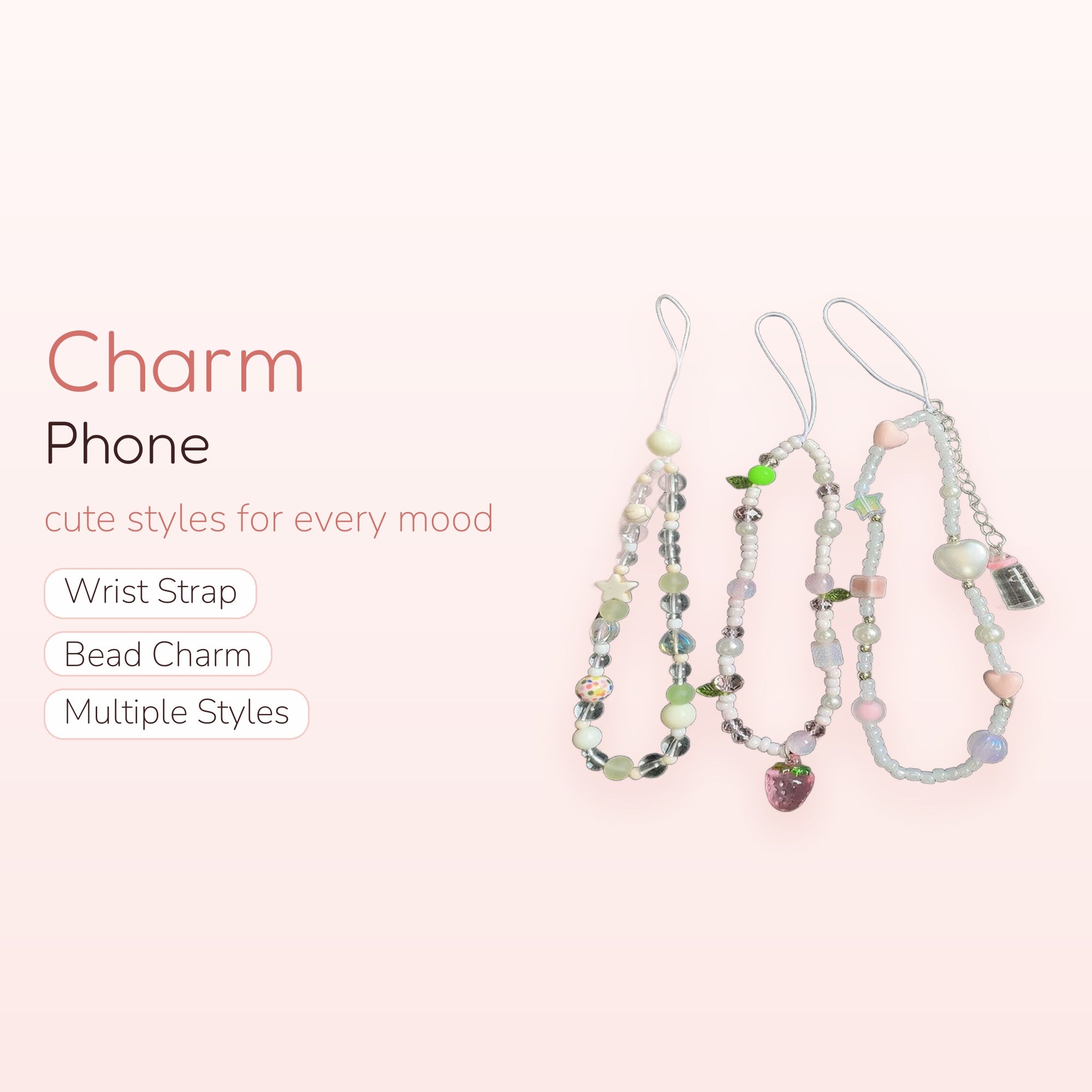 Kawaii Pastel Beaded Phone Charm Strap | Cute Pearl & Strawberry Wrist Lanyard