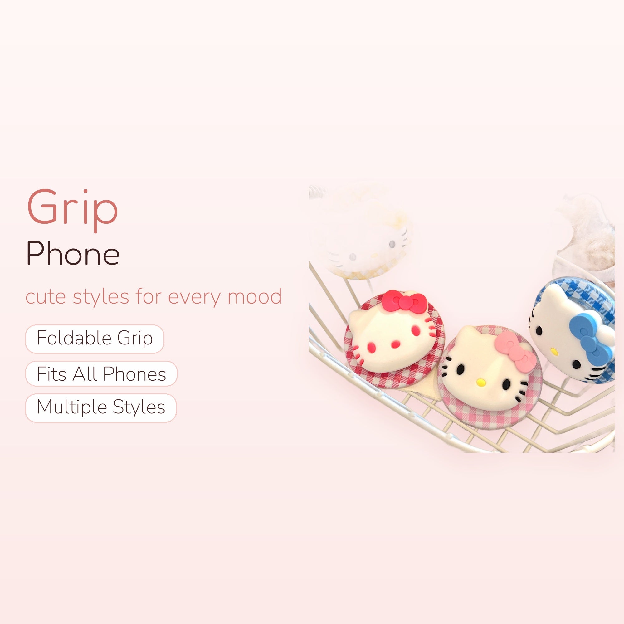 Kawaii Hello Kitty Gingham Phone Grip | Sweet Plaid Pop Socket Stand