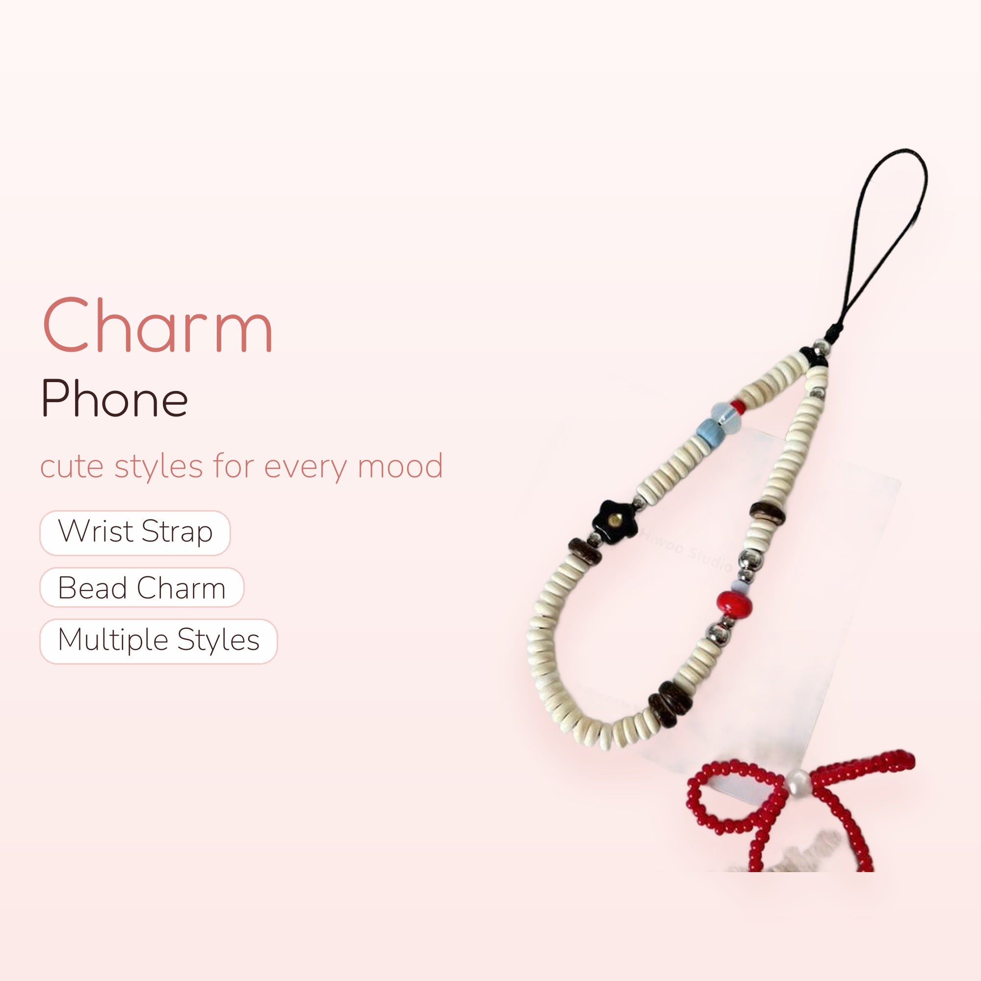 Aesthetic Beaded Phone Charm Strap | Cute Black Flower & Red Bead Wrist Lanyard