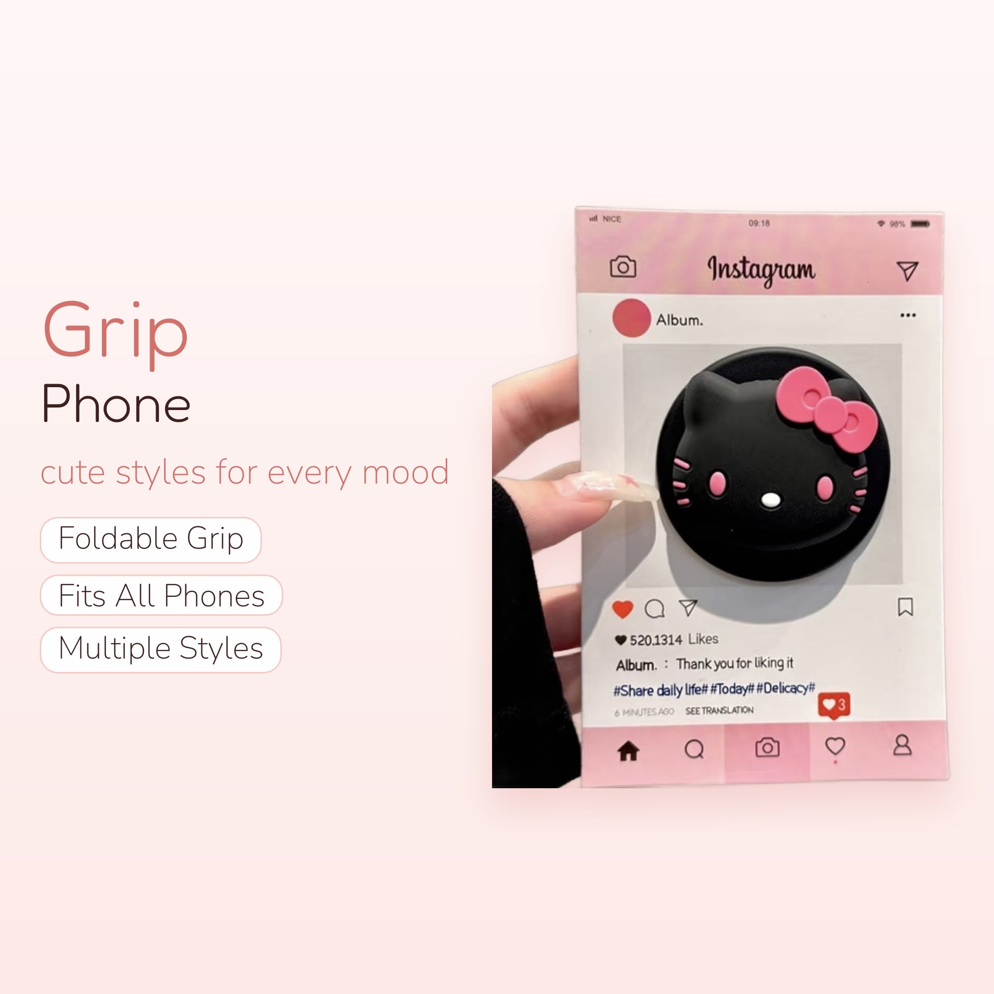 Black Hello Kitty Bow Phone Grip | Kawaii Pop Socket Stand