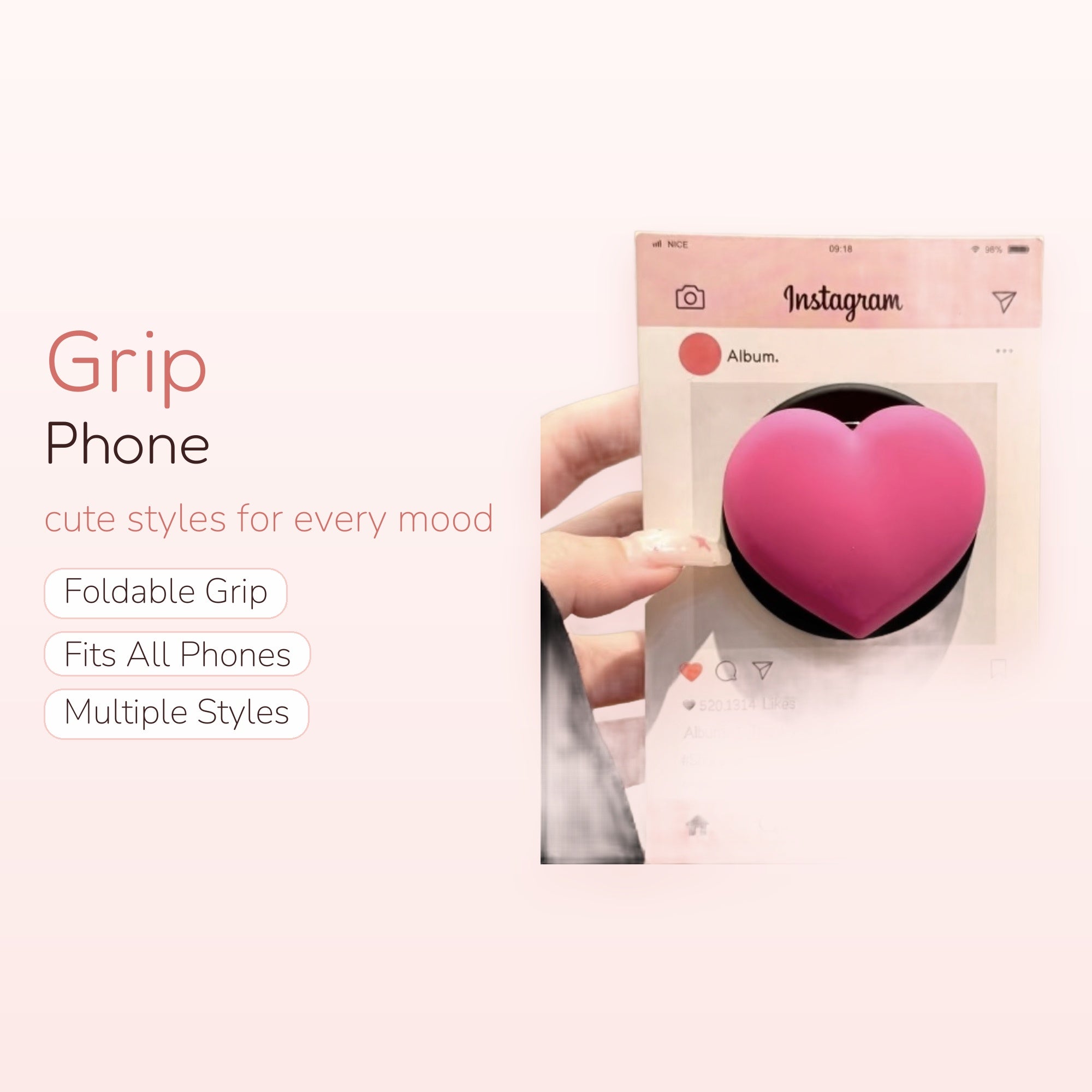 Pink Heart Instagram Phone Grip | Kawaii Pop Socket Stand
