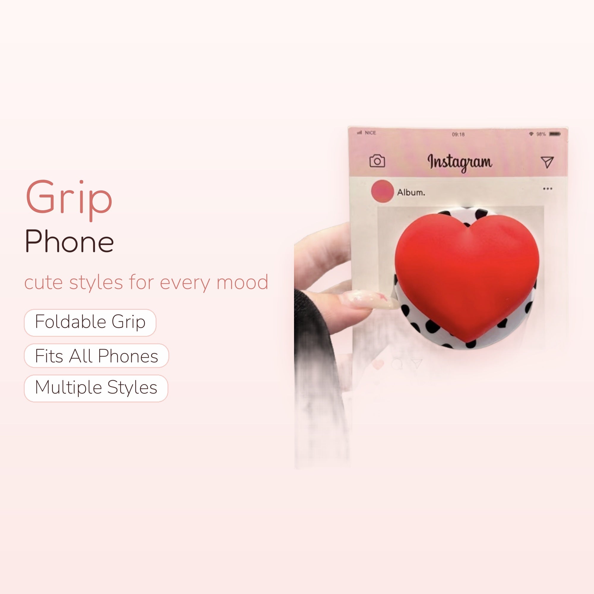 Red Heart Instagram Pop Socket Phone Grip | Kawaii Black & White Polka Dot Stand