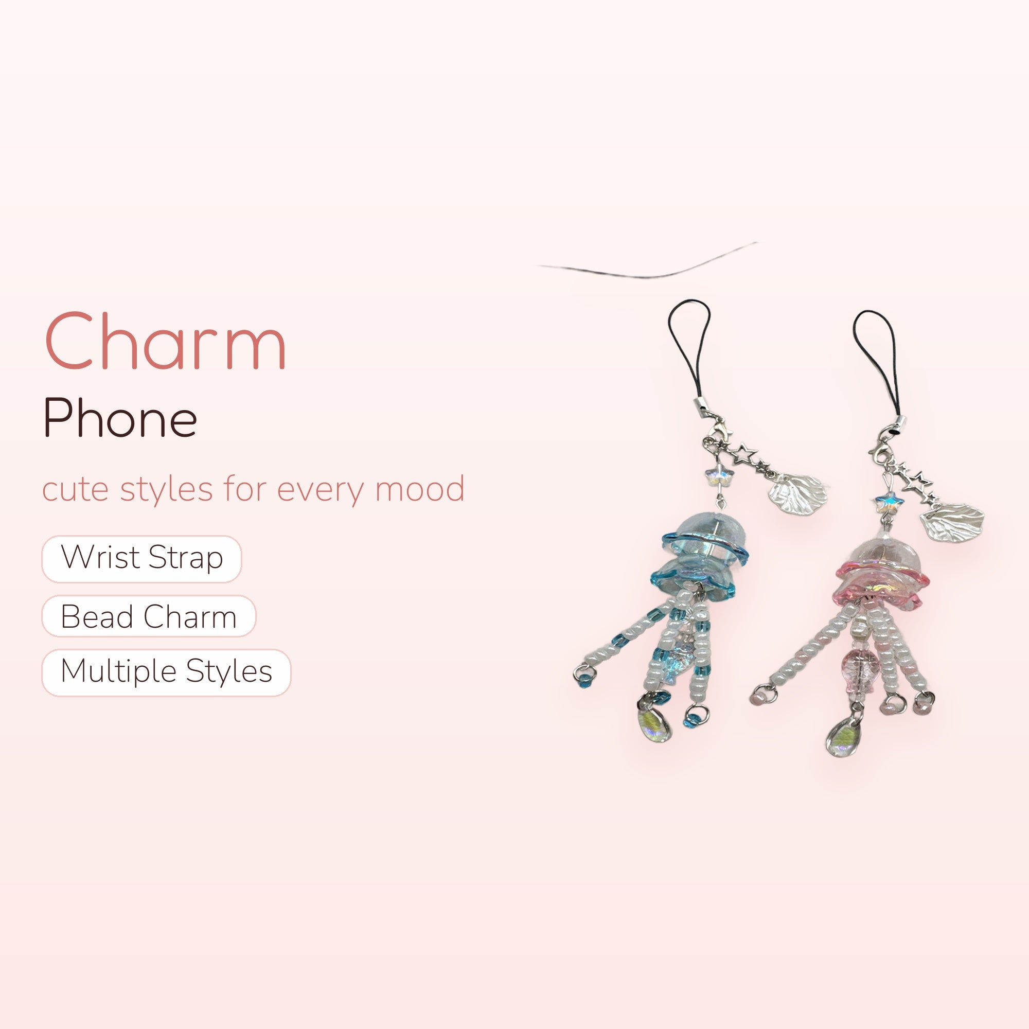 Kawaii Jellyfish Phone Charm Strap | Pastel Beaded Ocean Aesthetic Lanyard