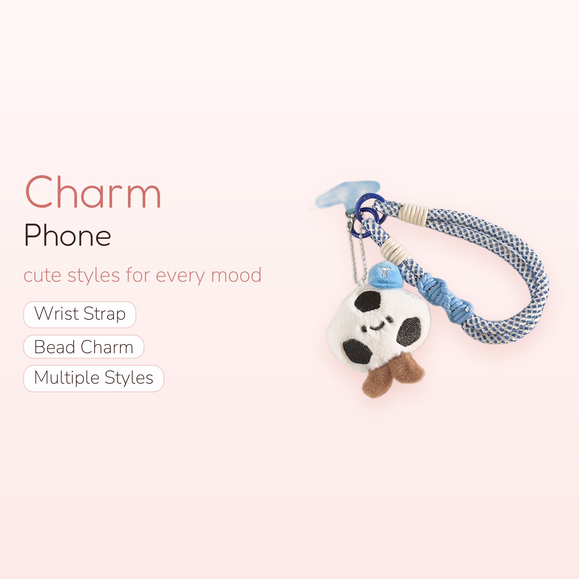 Cute Panda Plush Phone Charm Strap | Blue Braided Wrist Lanyard
