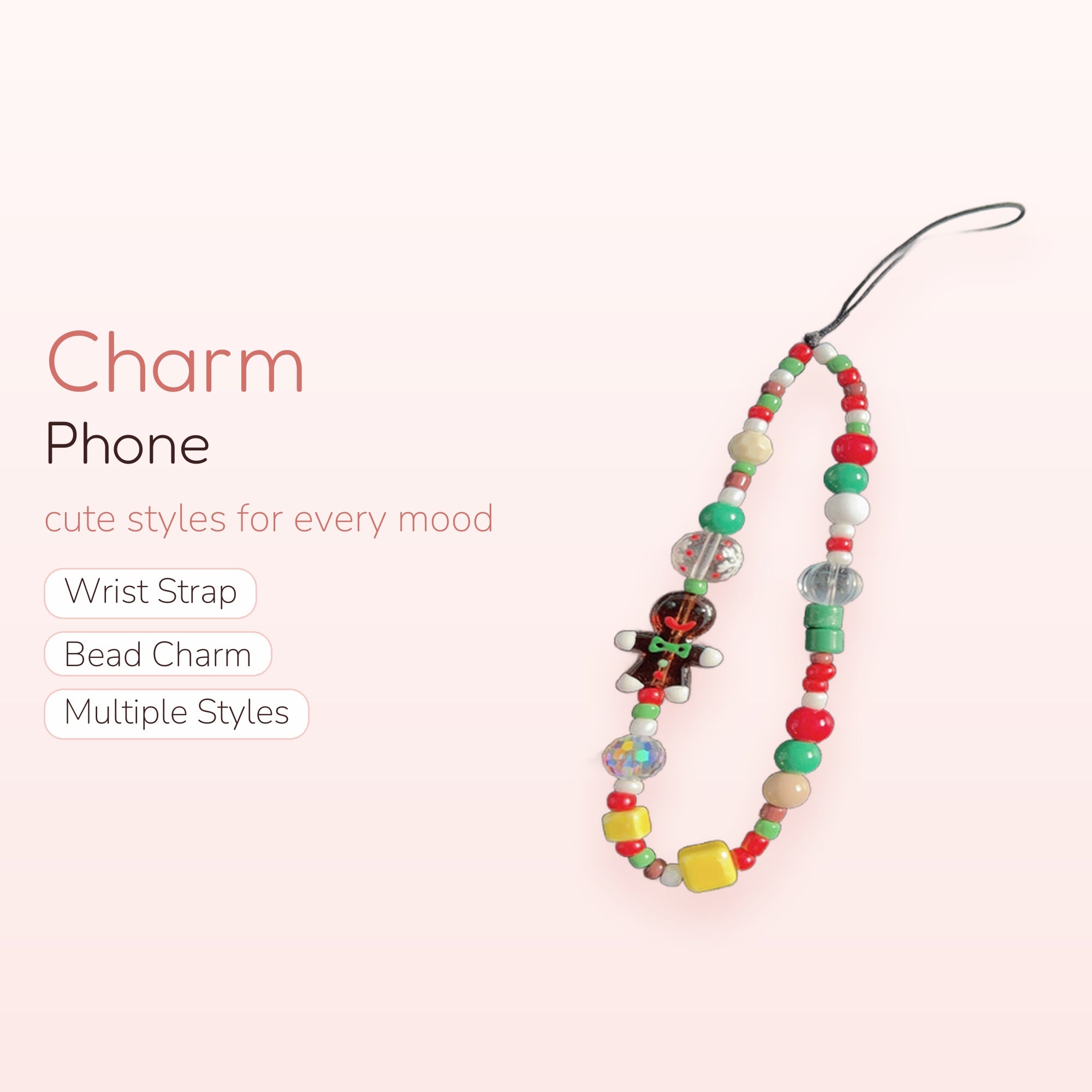 Christmas Gingerbread Man Phone Charm | Festive Beaded Wrist Strap