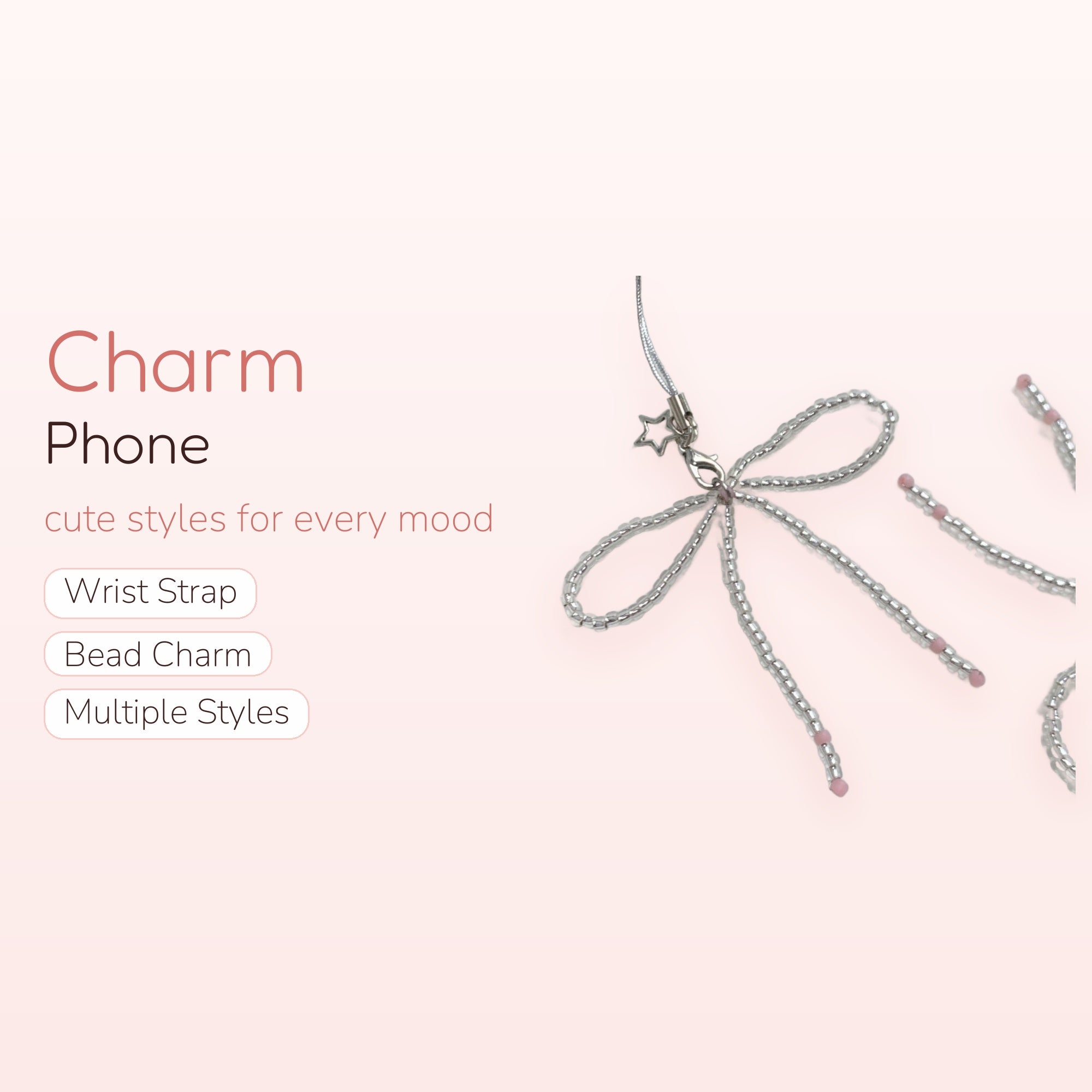 Clear Beaded Bow Phone Charm | Cute Pink Accent Strap