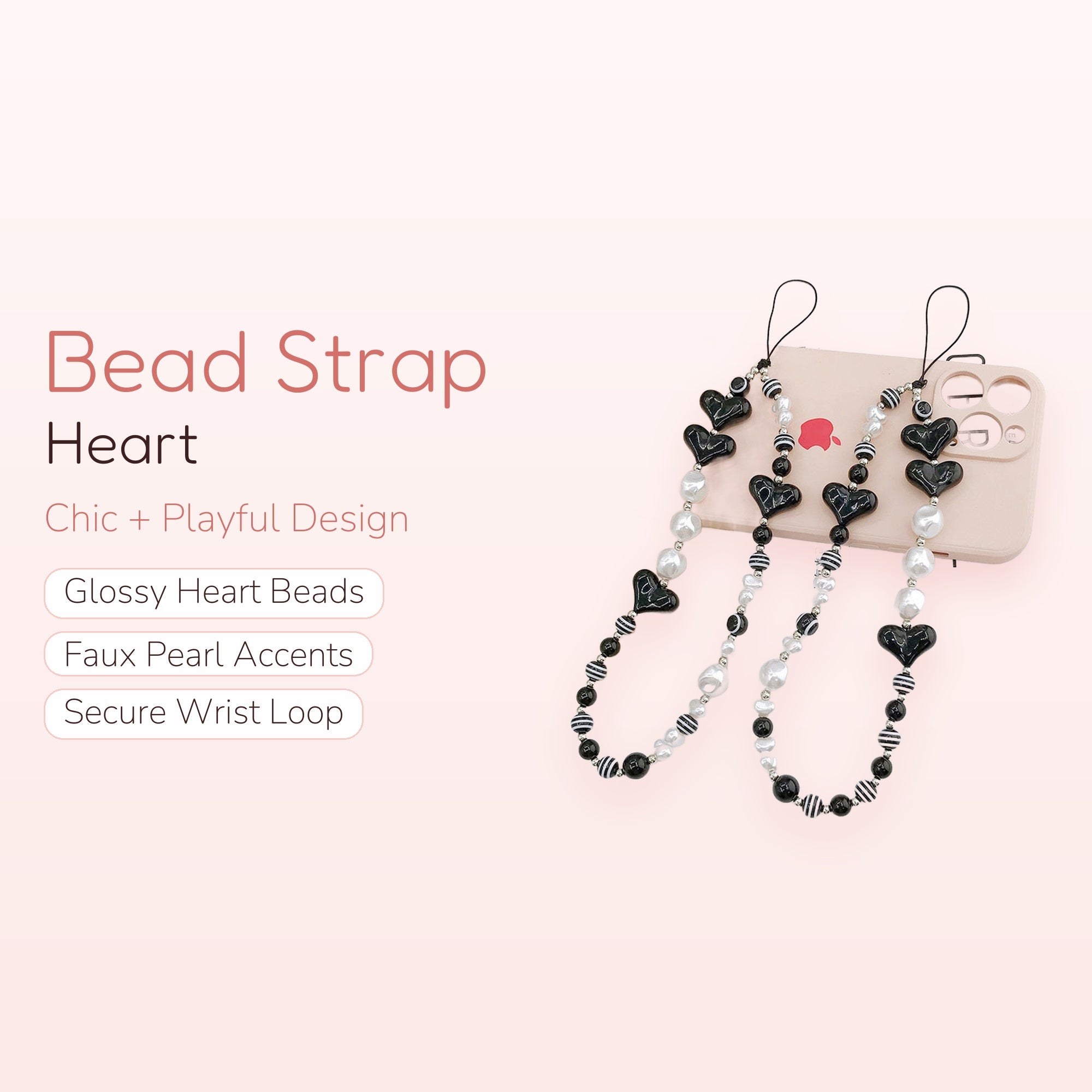 Black Heart & Pearl Phone Charm Strap | Cute Beaded Wrist Lanyard