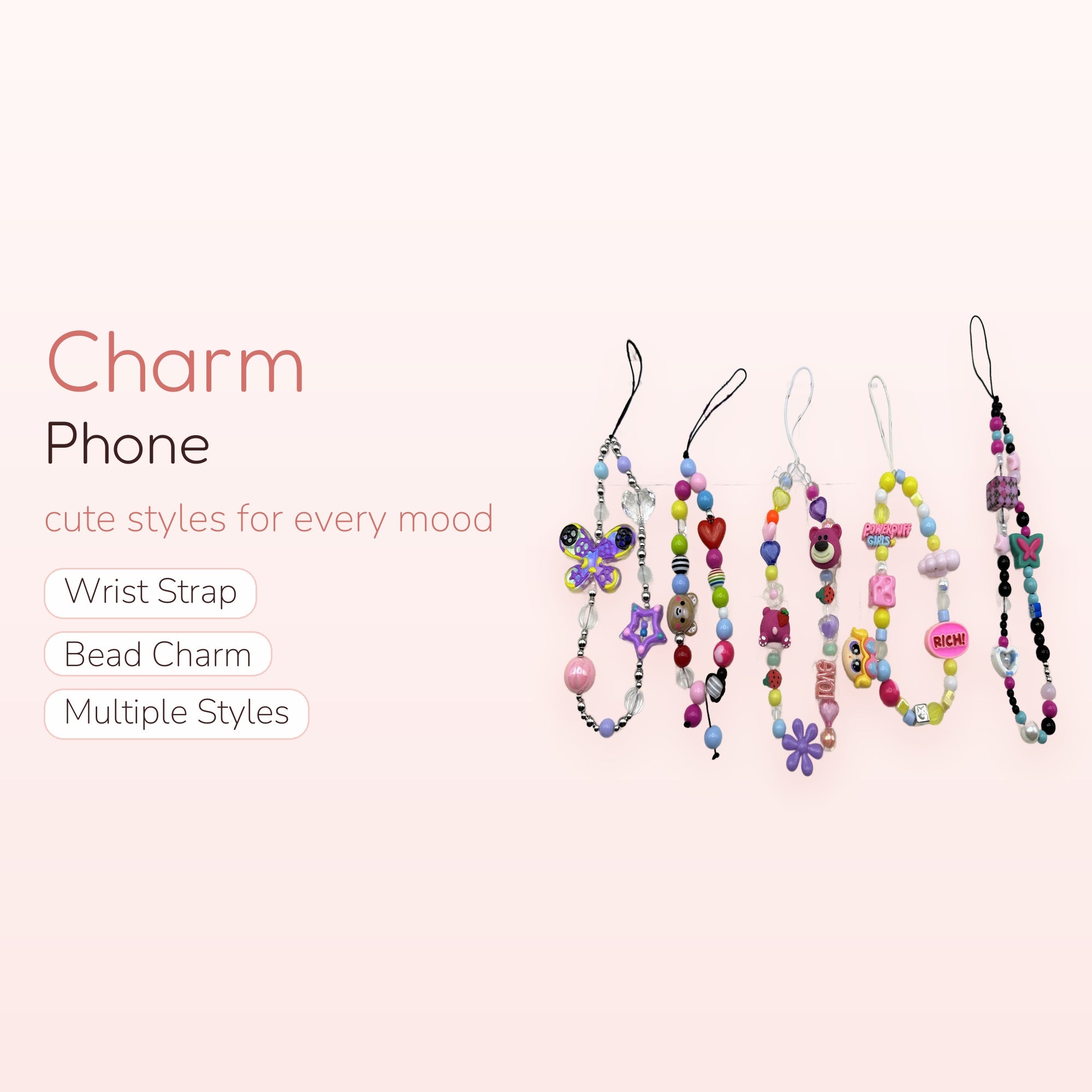Kawaii Beaded Phone Charm Straps | Pastel Y2K Aesthetic Wrist Lanyards