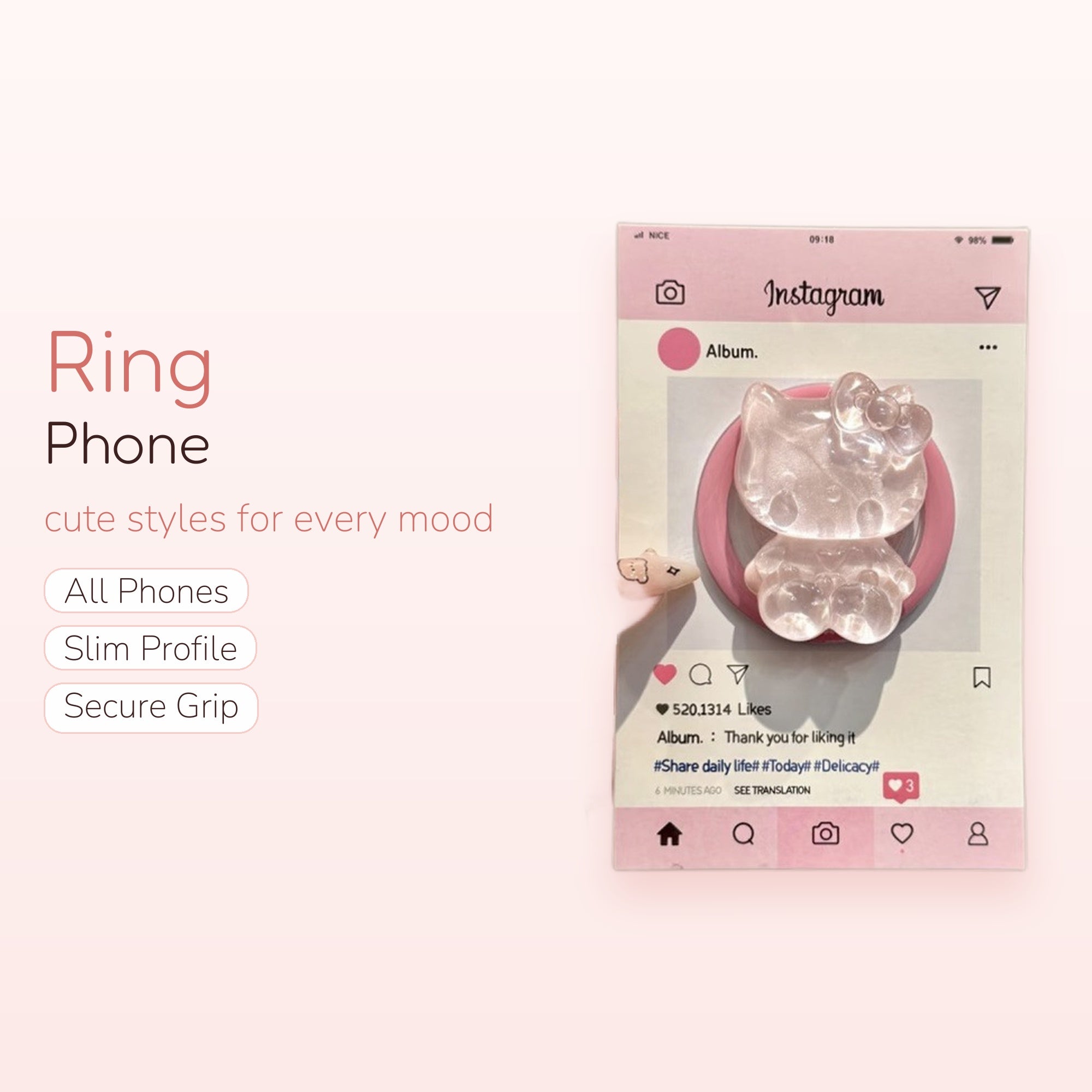 Pink Glitter Hello Kitty Phone Ring | Kawaii Clear Resin Finger Holder Kickstand