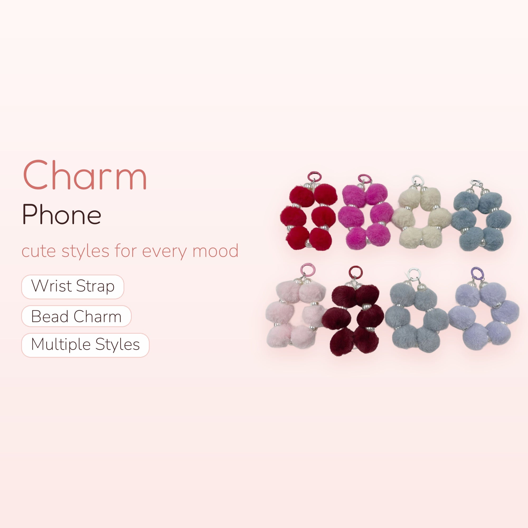 Kawaii Fluffy Pom Pom Phone Charm | Pearl Beaded Wrist Lanyard
