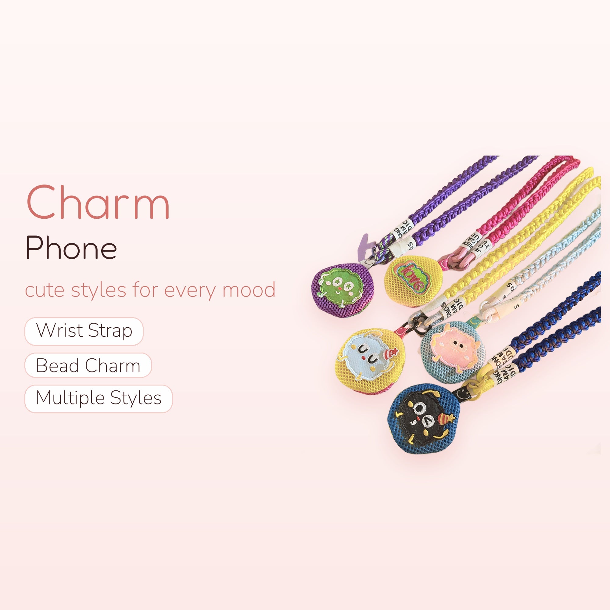 Braided Mesh Character Phone Charm Strap | Colorful Kawaii Wrist Lanyard