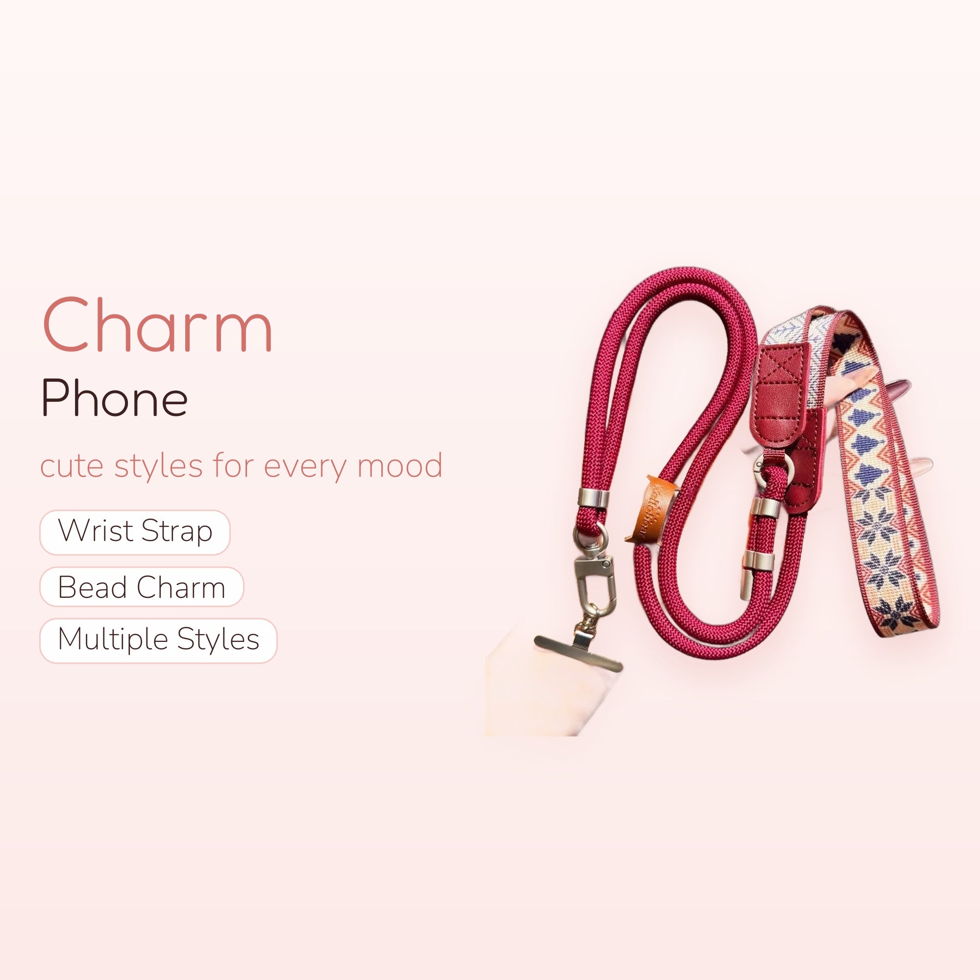 Maroon Rope & Embroidered Fabric Phone Lanyard | Aesthetic Crossbody Strap