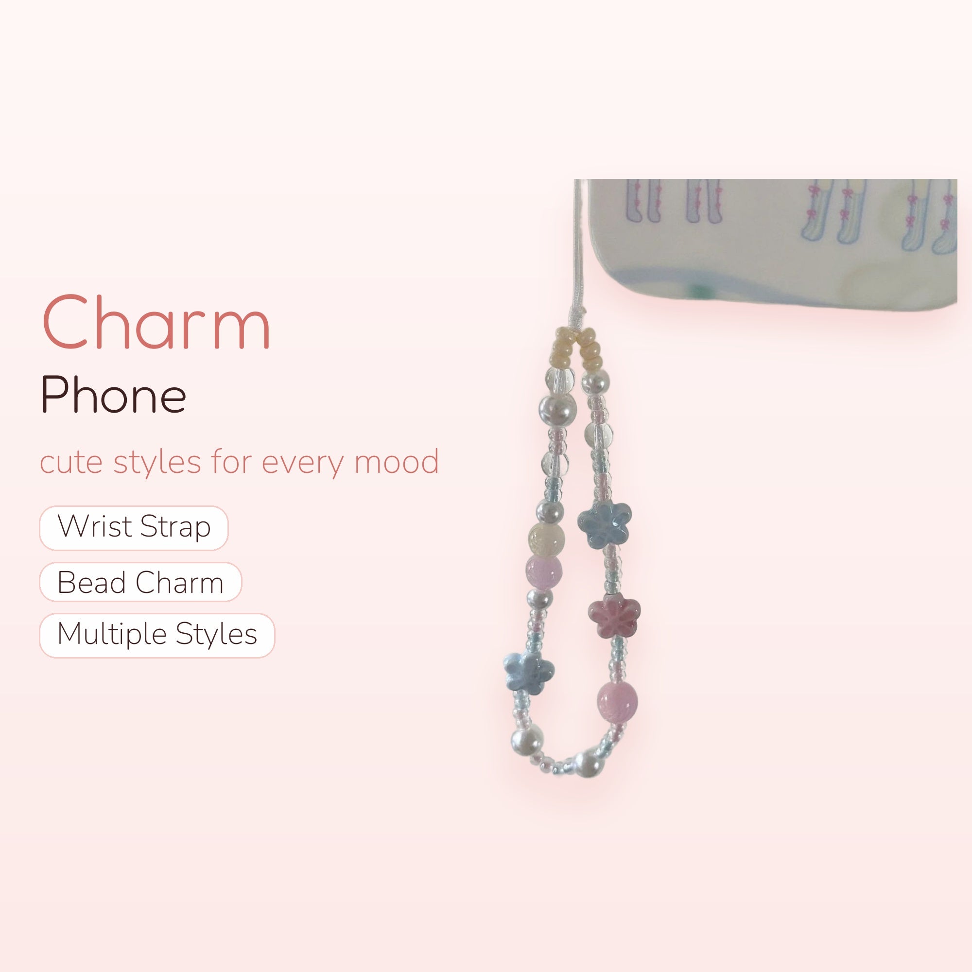 Pastel Beaded Flower Phone Charm | Kawaii Pearl & Clear Bead Wrist Strap