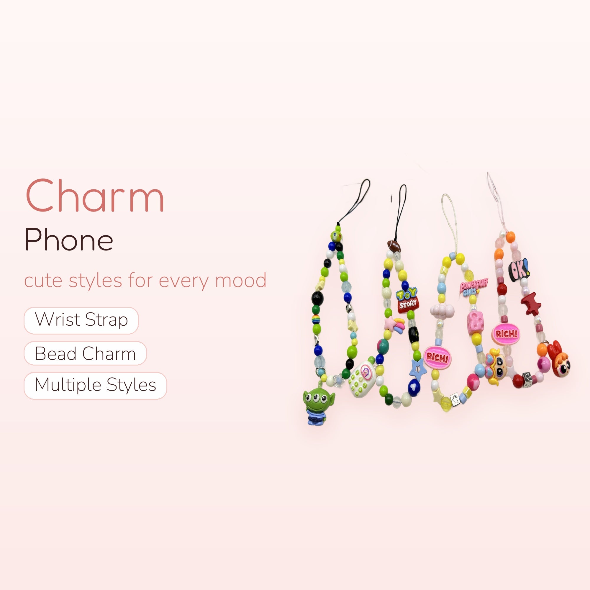 Kawaii Beaded Phone Charms | Y2K Aesthetic Wrist Straps with Cartoon Pendants