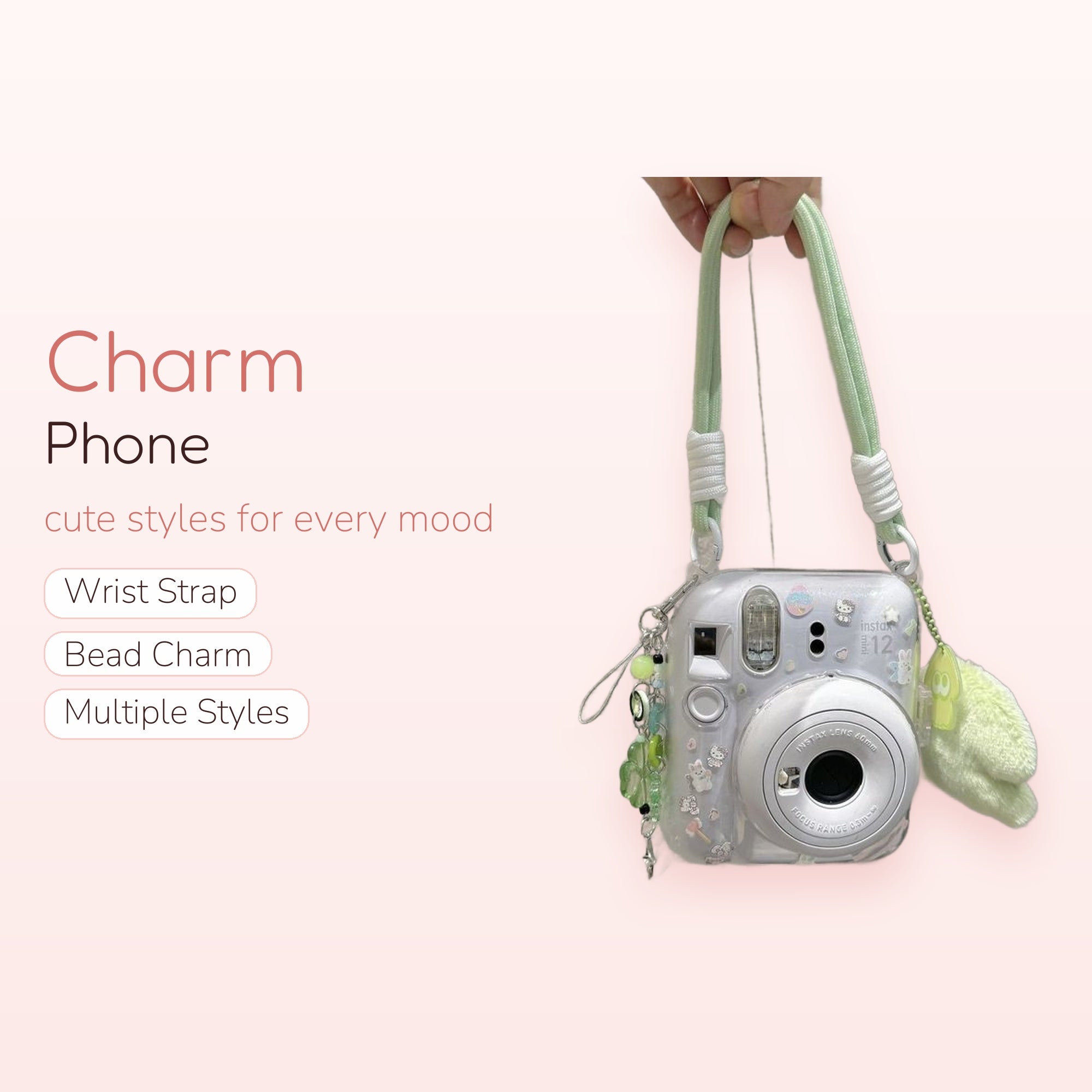 Kawaii Clear Instax Camera Case with Green Beaded Charm & Fluffy Bunny | Aesthetic Camera Strap