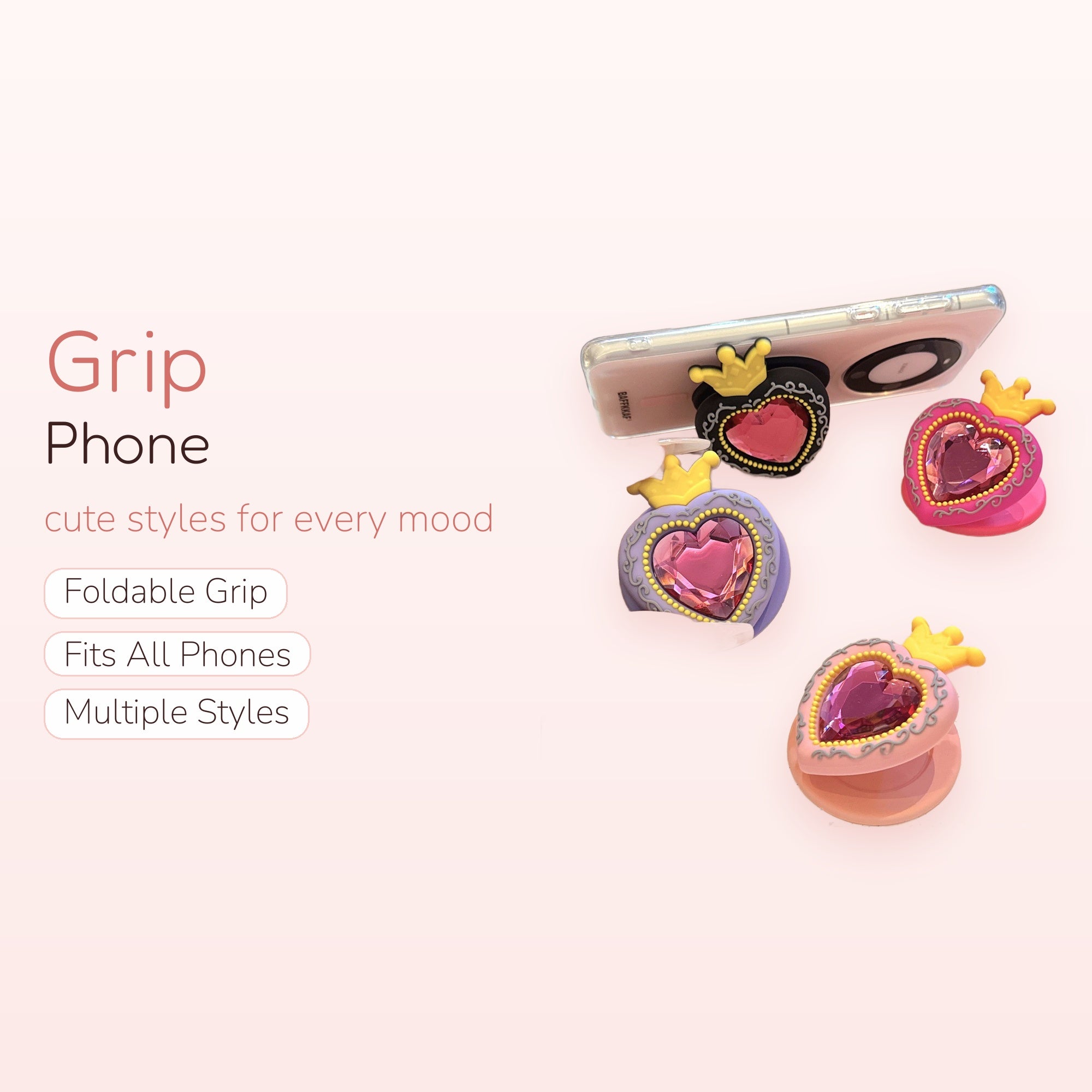 Kawaii Crowned Heart Gem Phone Grip | Aesthetic Pop Socket Stand for Phones