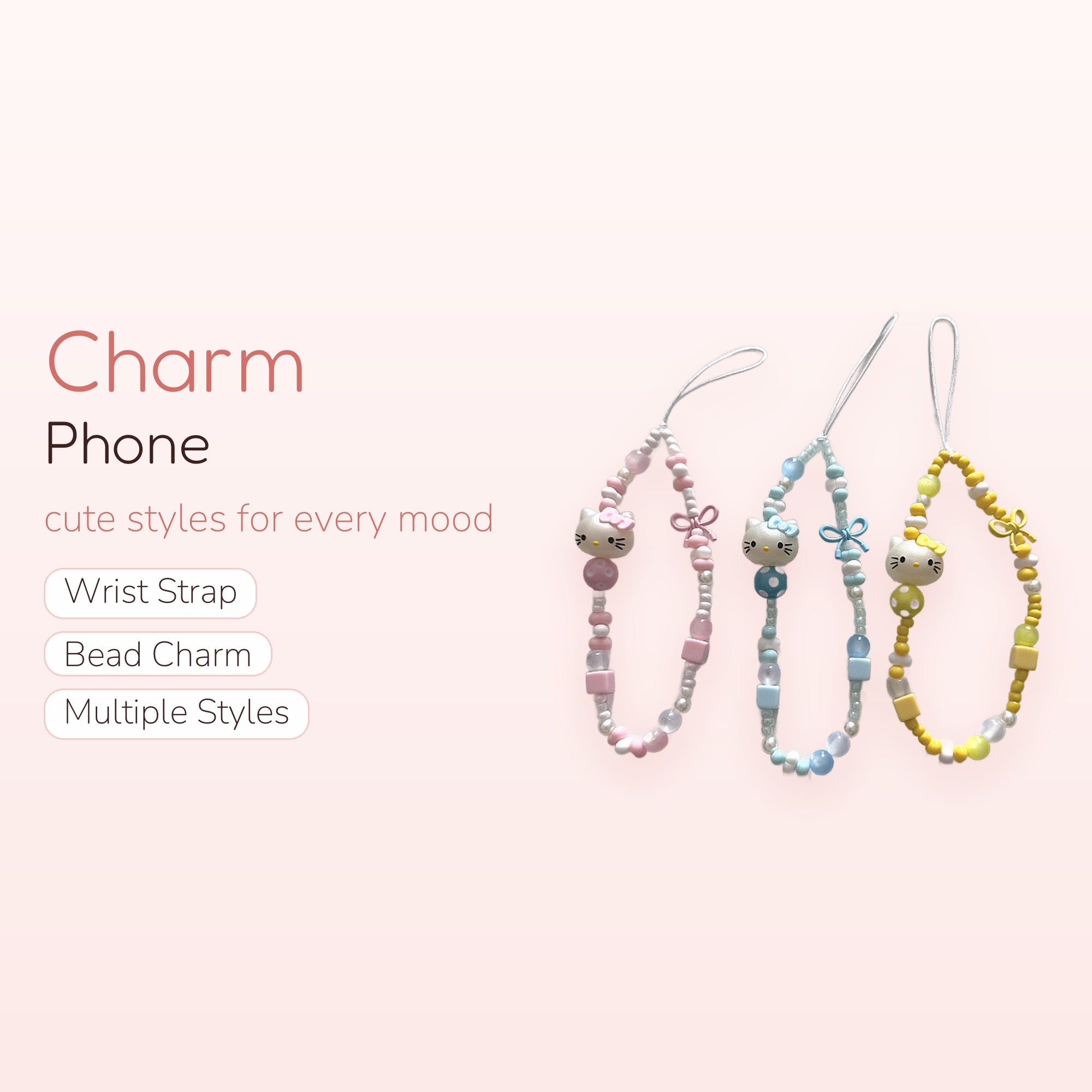 Kawaii Hello Kitty Beaded Phone Charm Strap | Pastel Wrist Lanyard