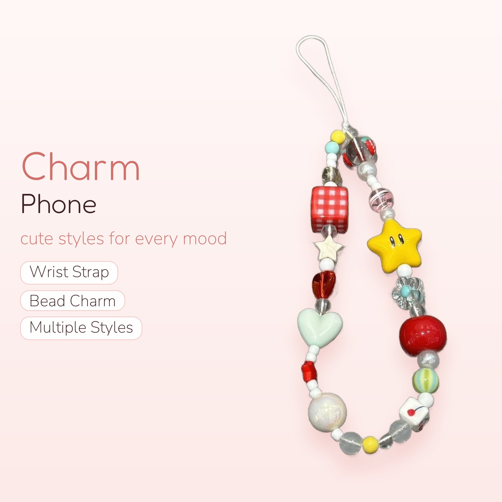 Kawaii Beaded Phone Charm Strap | Y2K Star & Heart Wrist Lanyard